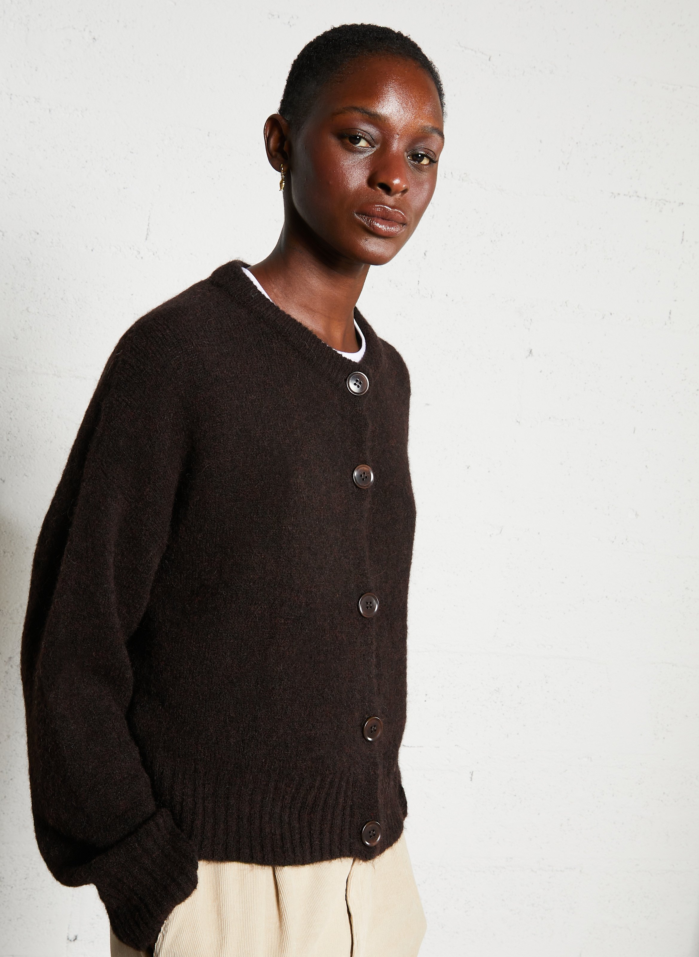 Loose-fit mixed-knit cardigan with round neck MAISON ANJE Beige