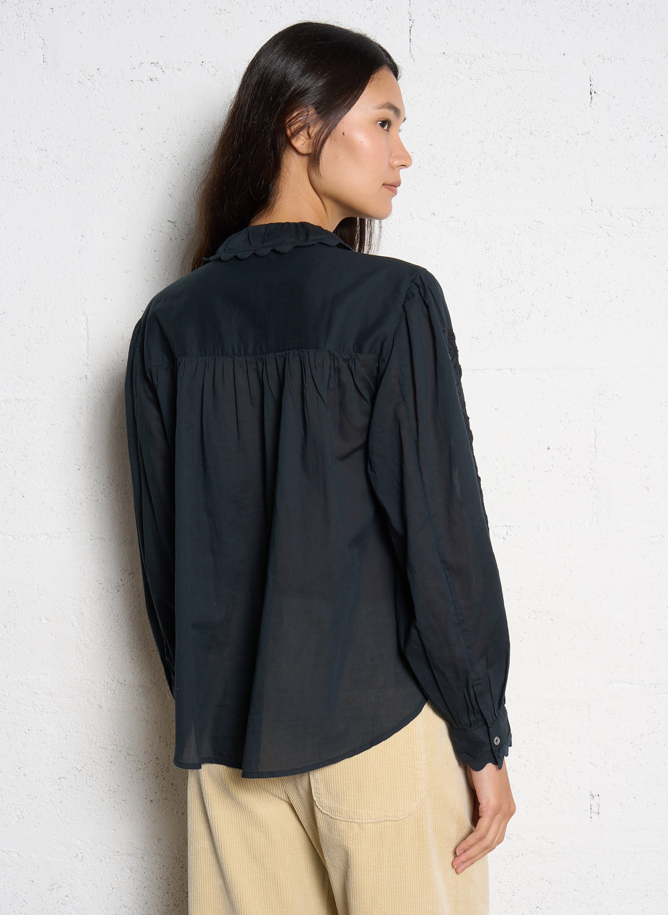 Round neck ruffled plain blouse LOUISE MISHA Black