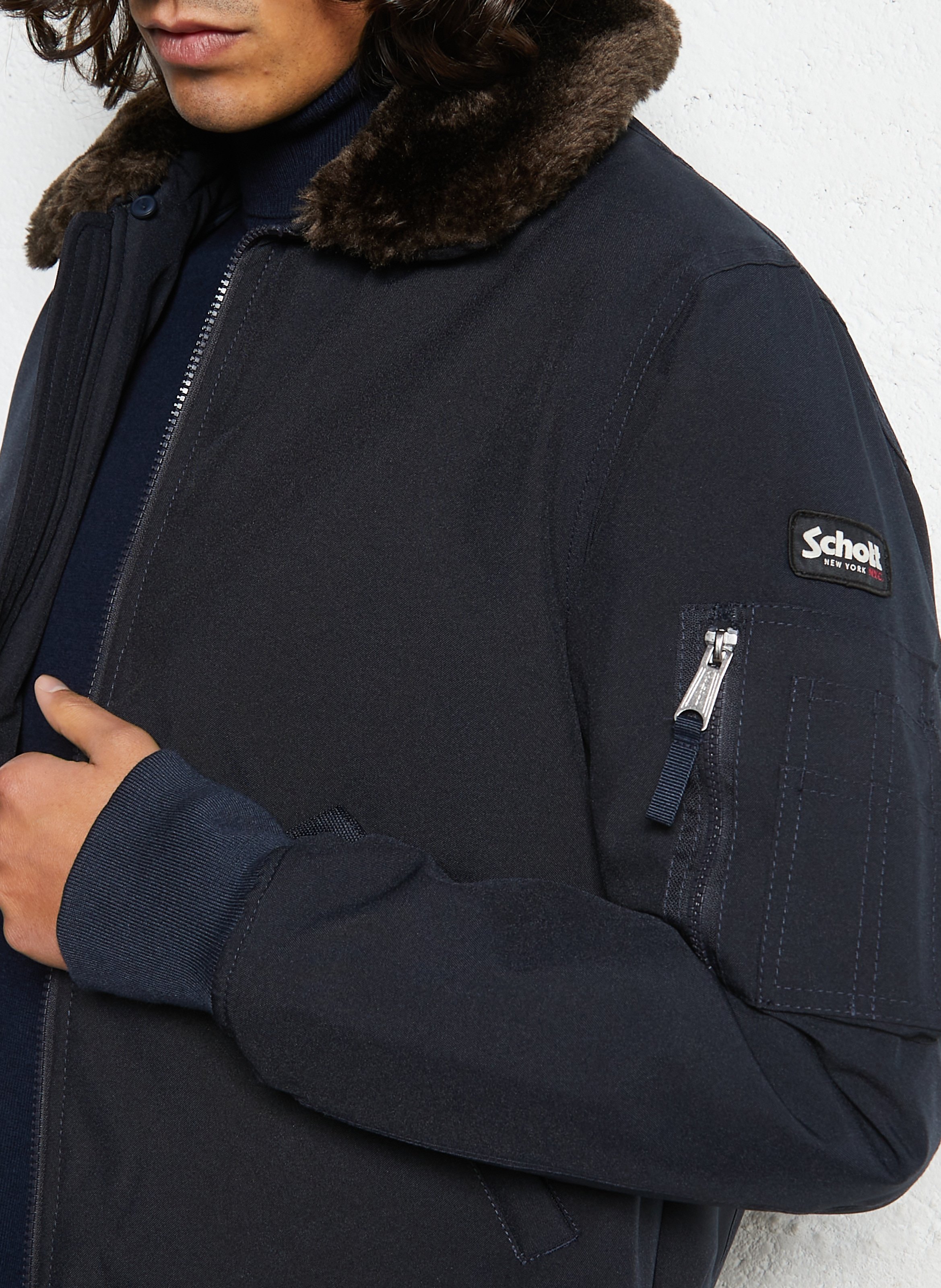 Blouson pilote ample uni à col fourrure SCHOTT Bleu