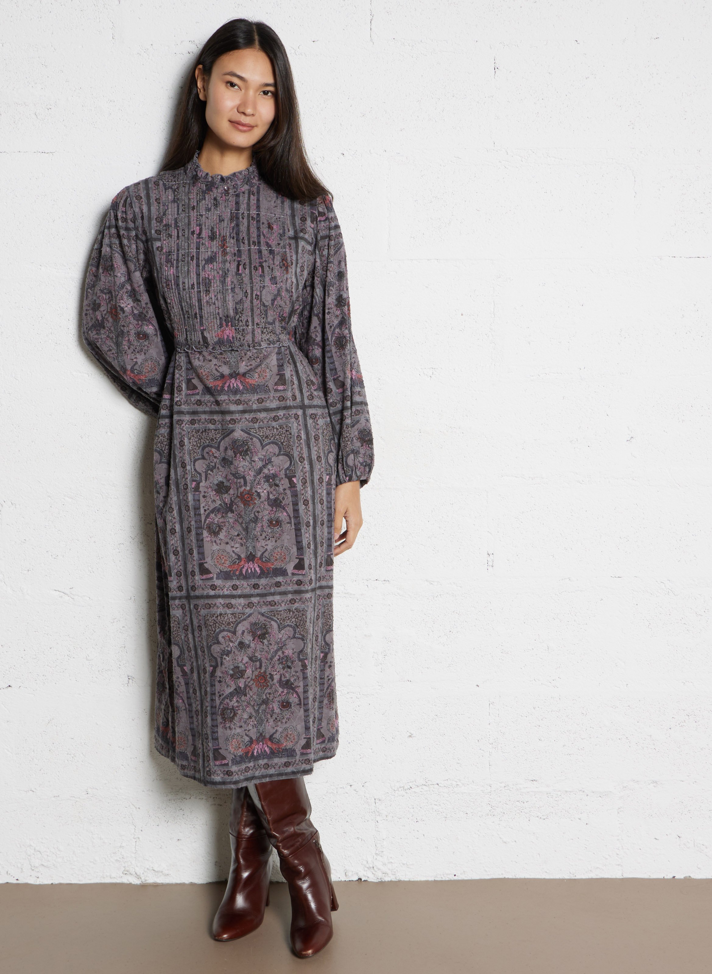 Langes Baumwollkleid mit Rundhalsausschnitt mit Print ANTIK BATIK Grau