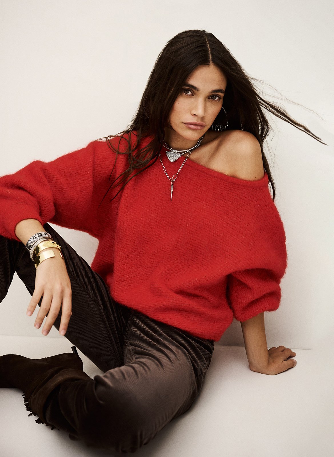 Asymmetrische trui met boothals - wolblend BA&SH Rood