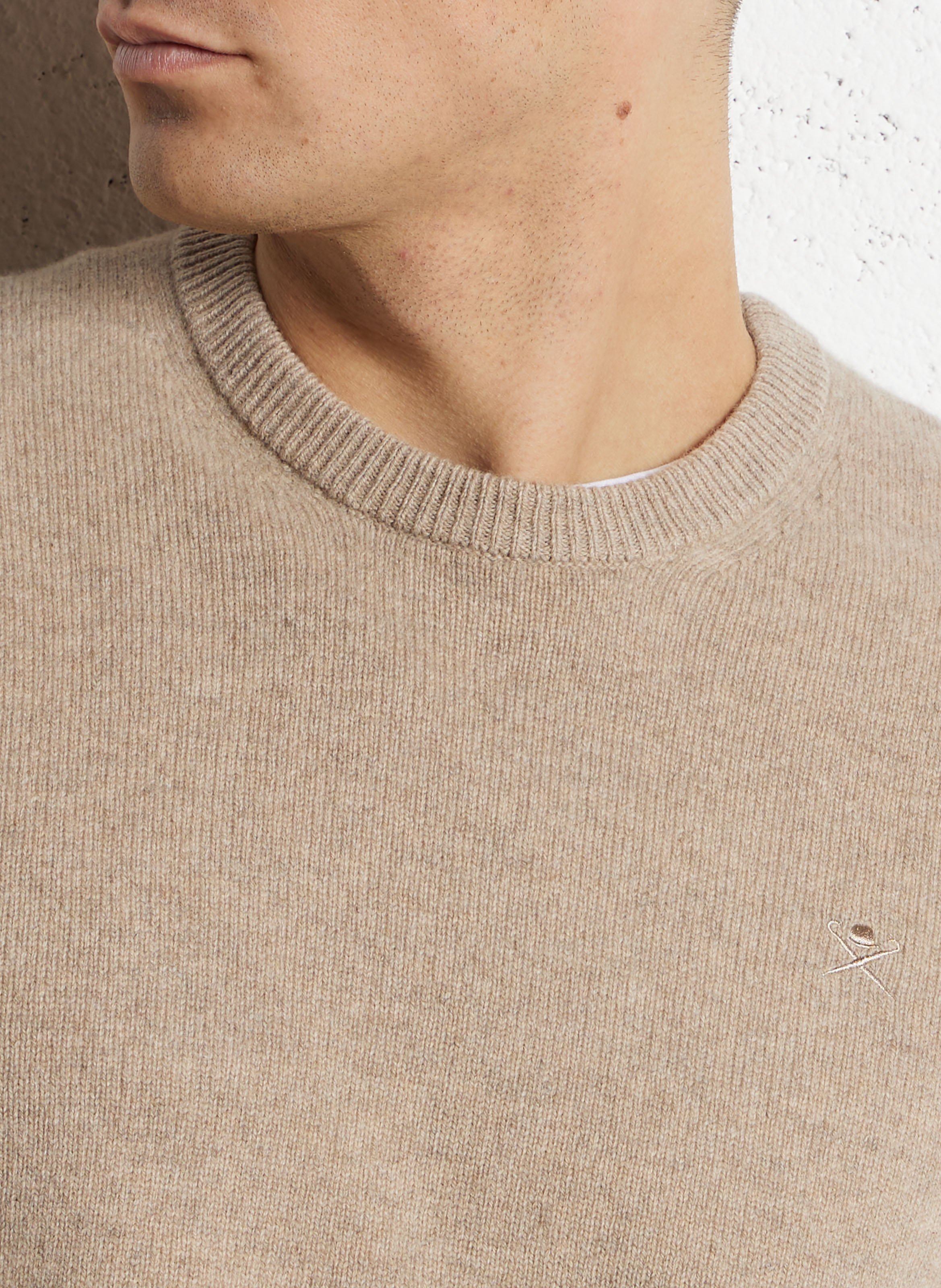 Pull col rond uni en laine HACKETT Marron