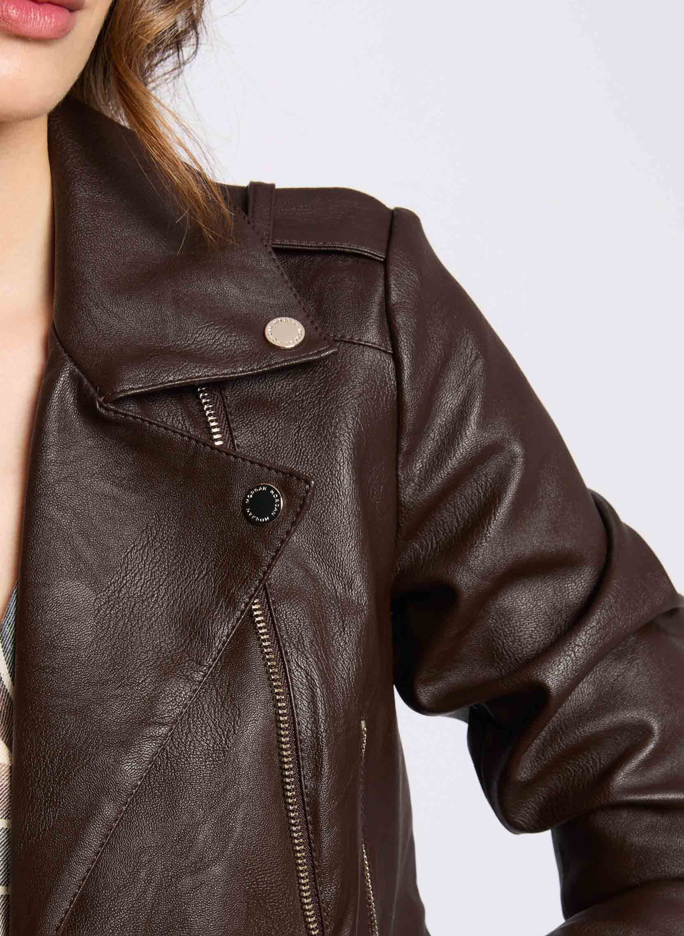 Short faux leather jacket MORGAN Brown
