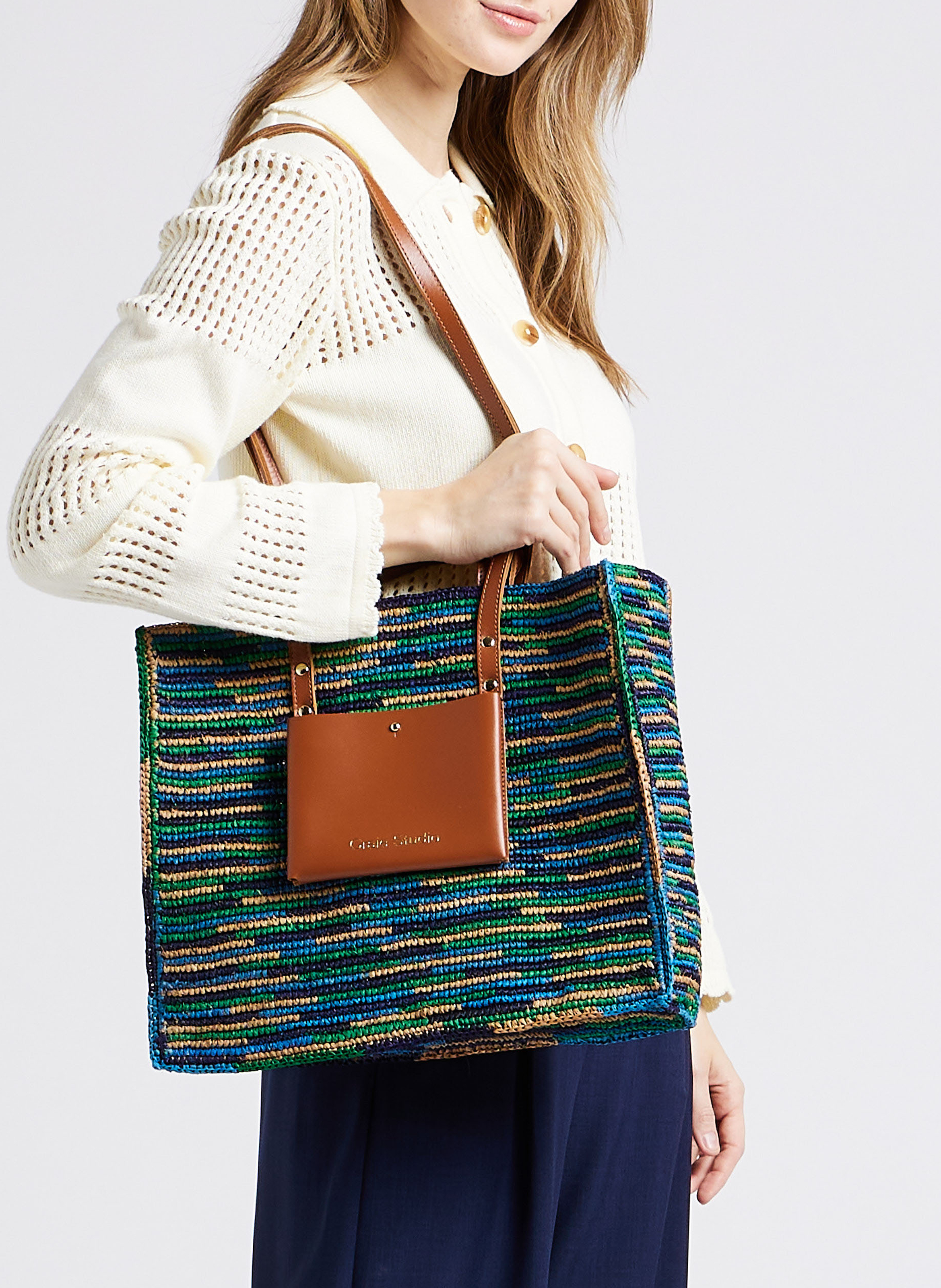Leather and raffia tote bag CRAIE STUDIO Blue