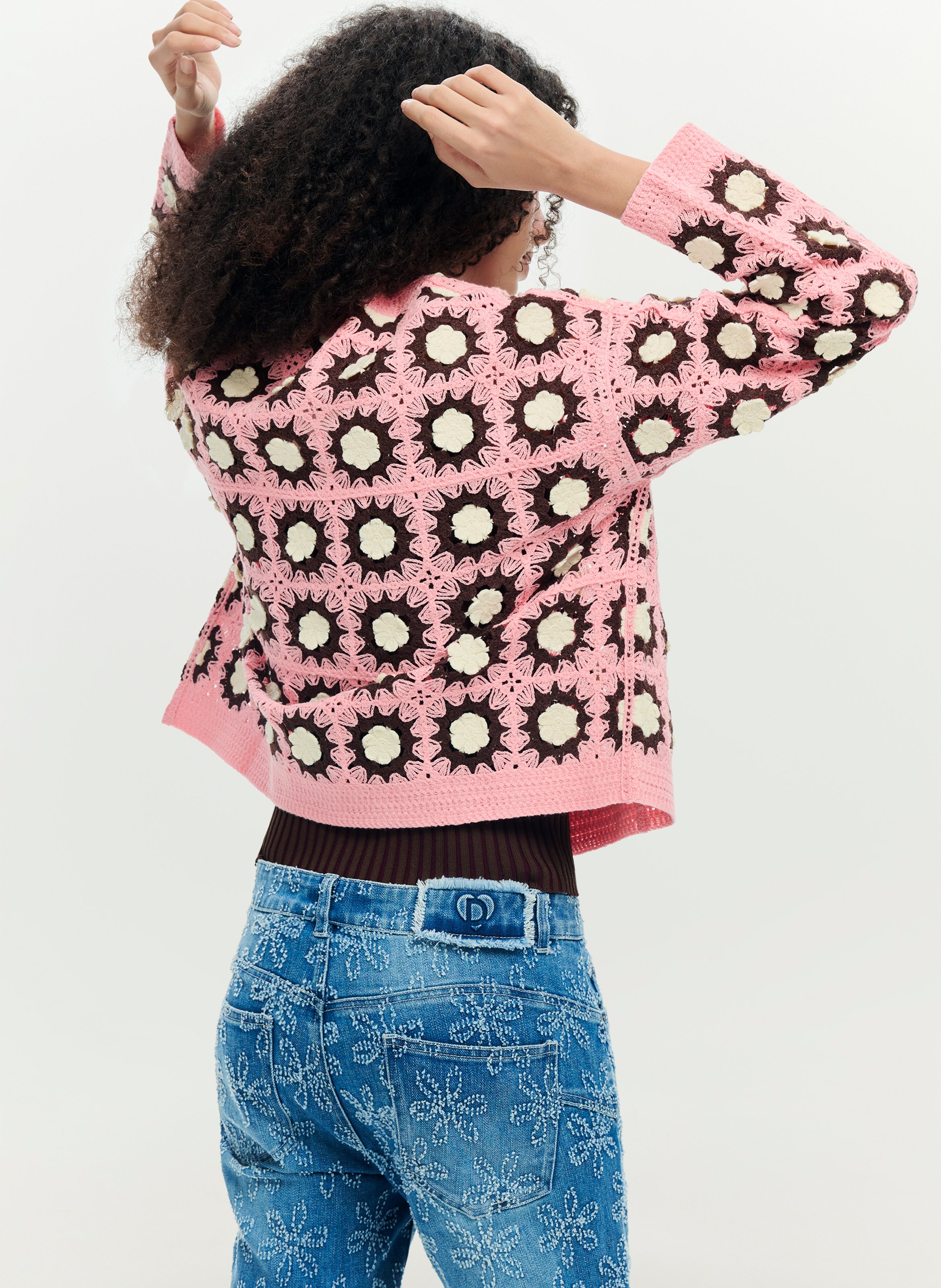 Cardigan col V boutonné en crochet DESIGUAL Rouge