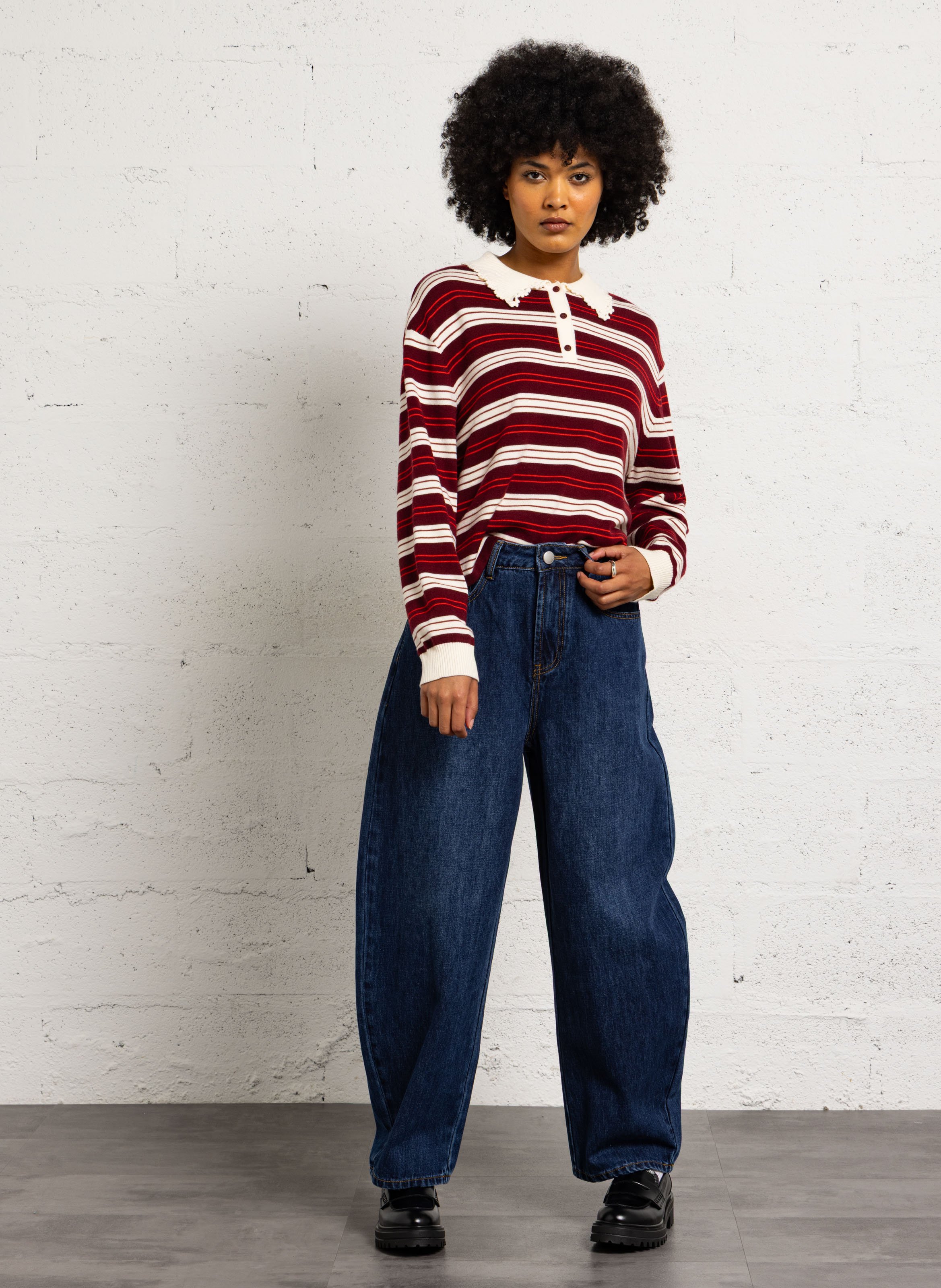Oversized classic collar striped knit sweater SUNCOO Red