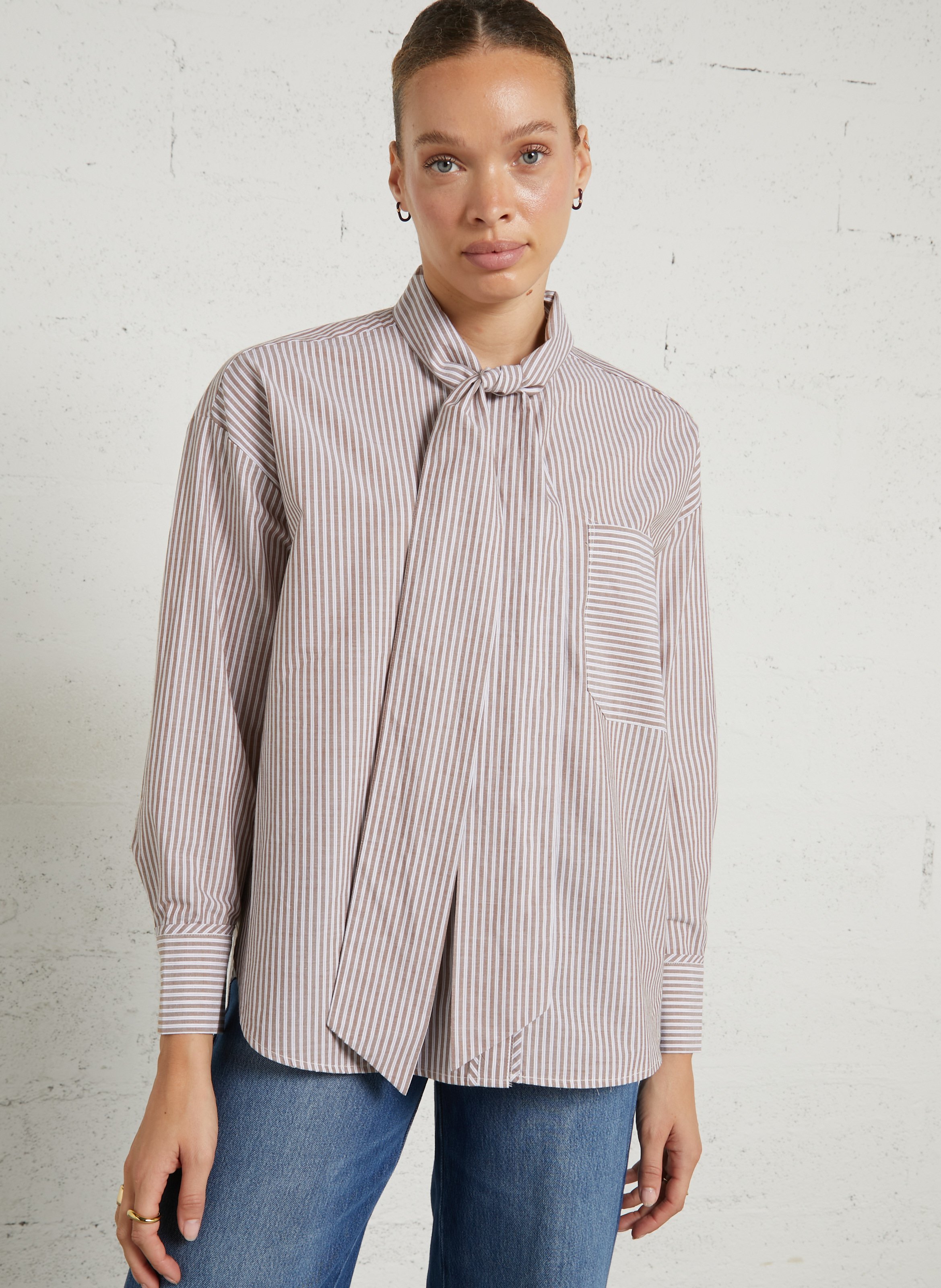 Striped cotton blouse with bow tie JC SOPHIE Brown