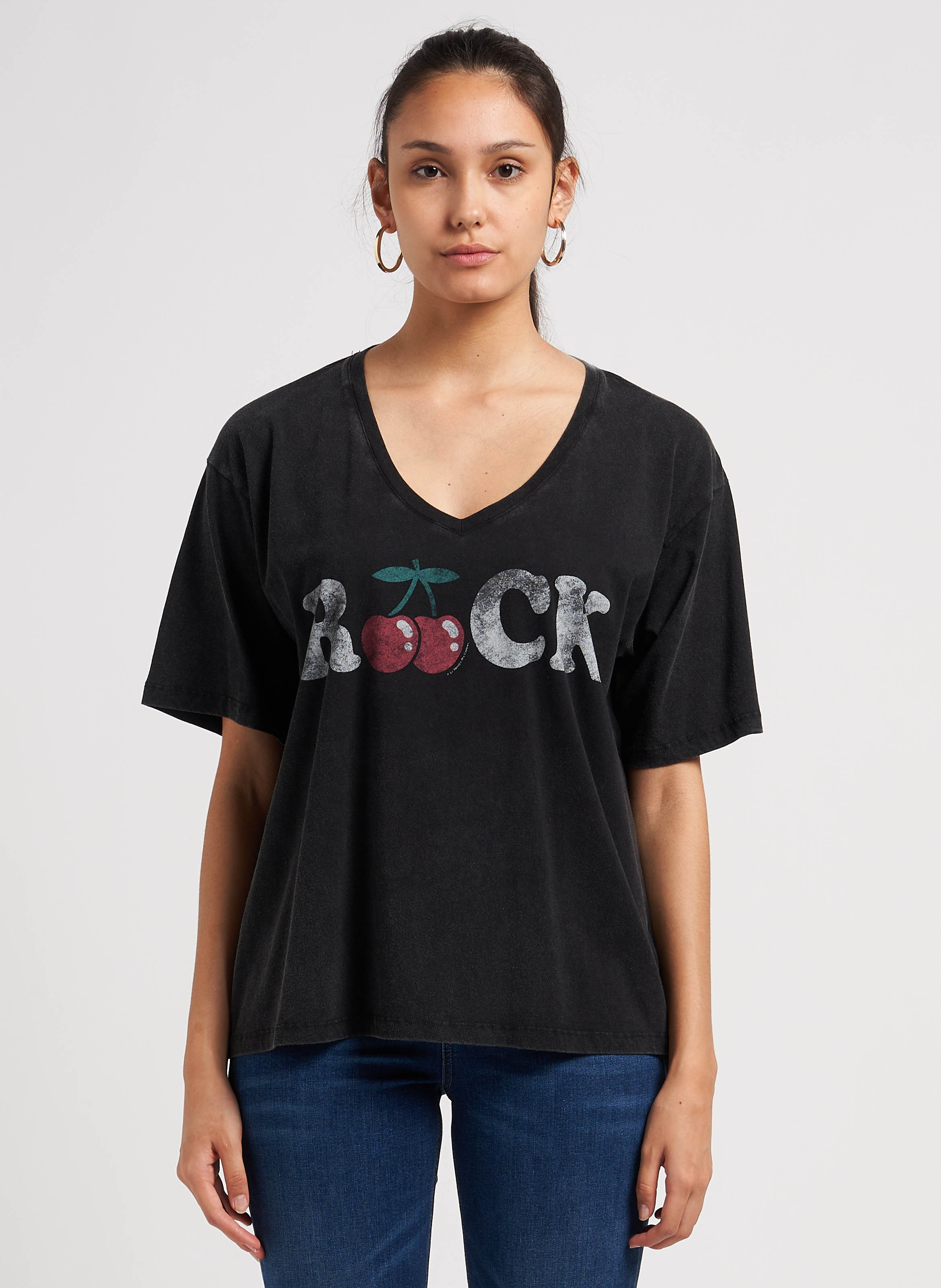 Tee shirt ample col v en coton Noir