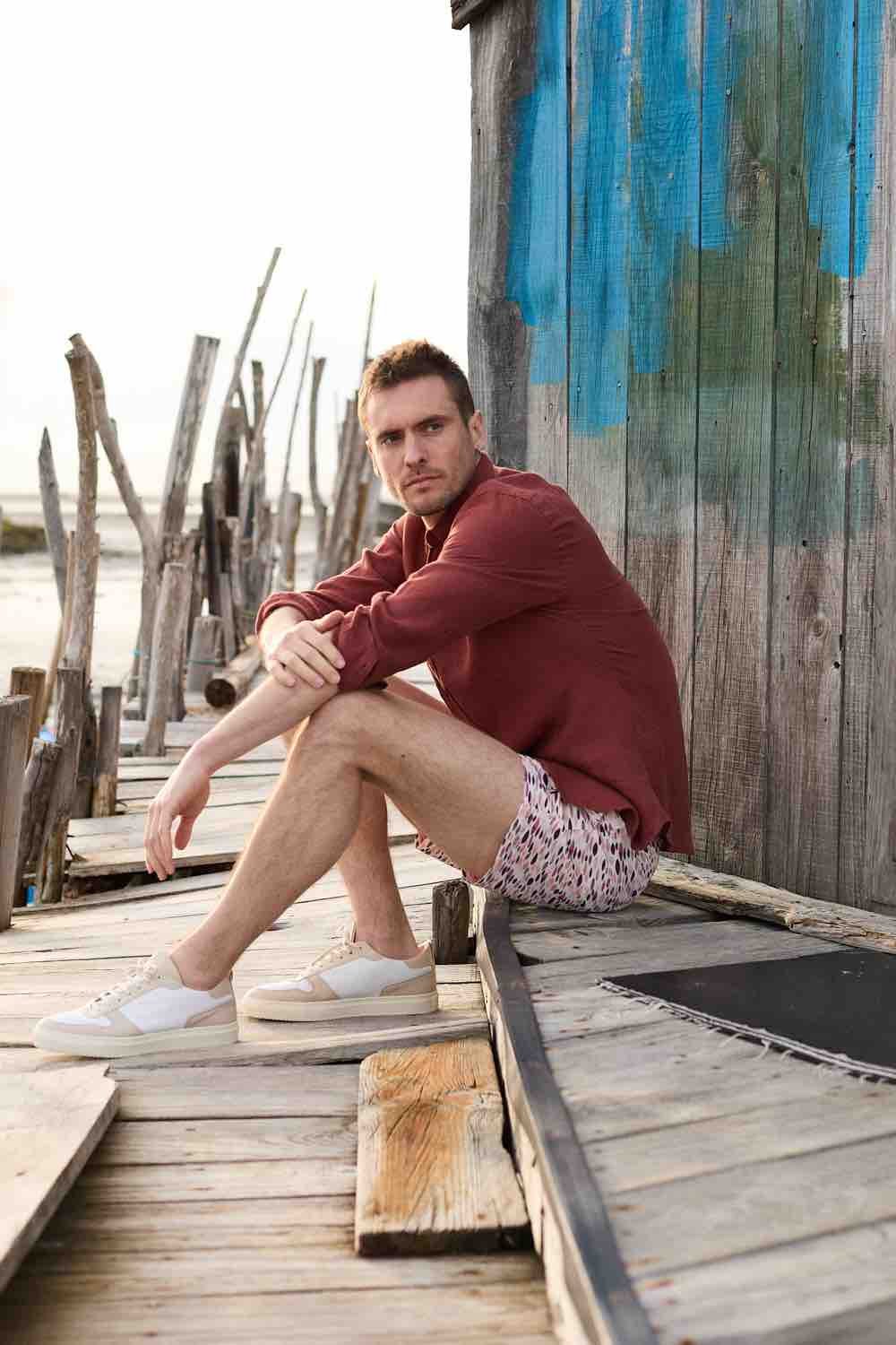 Linen shirt with lapel collar Red