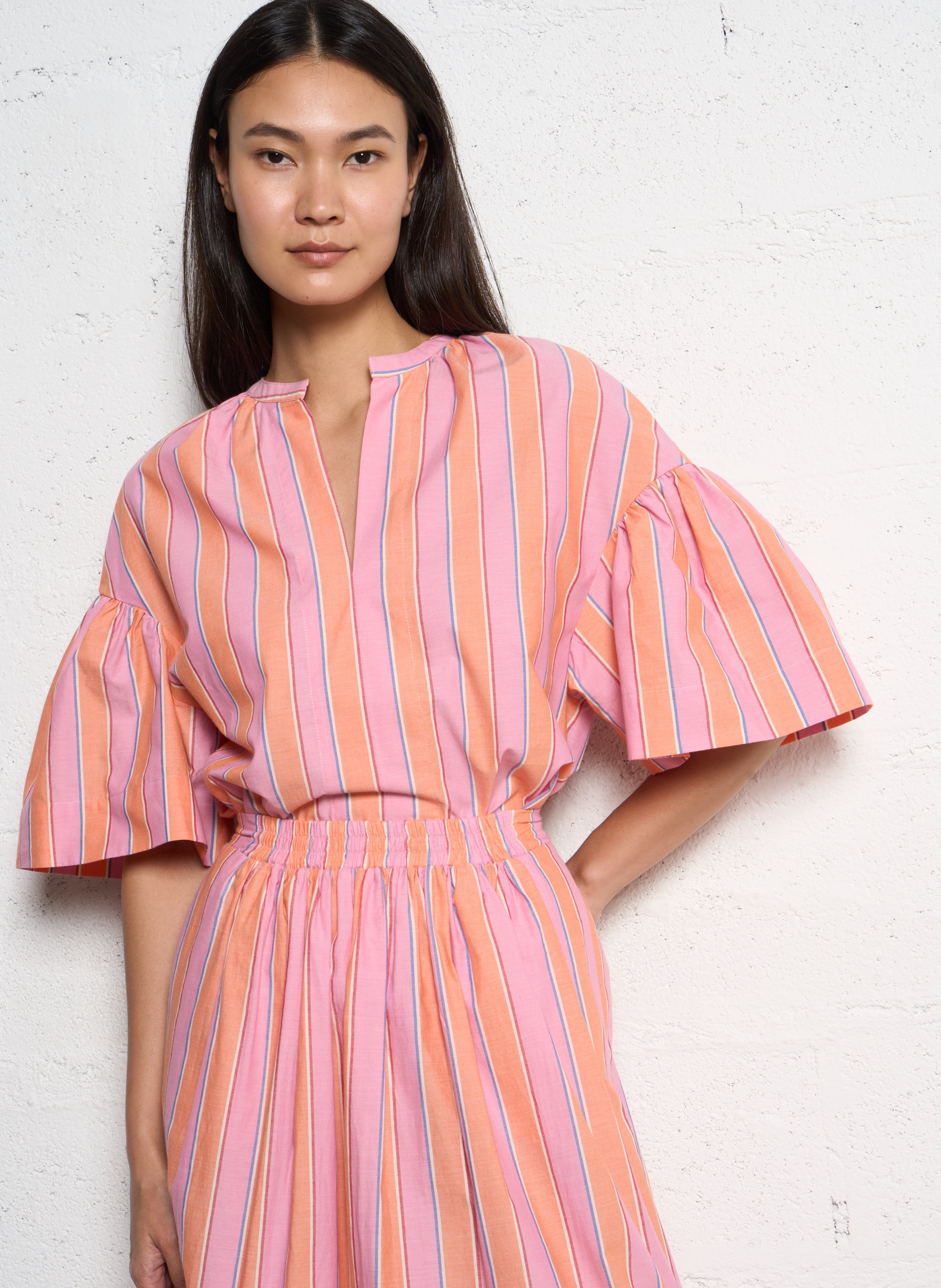 Henley-collar top in striped cotton TINSELS Orange