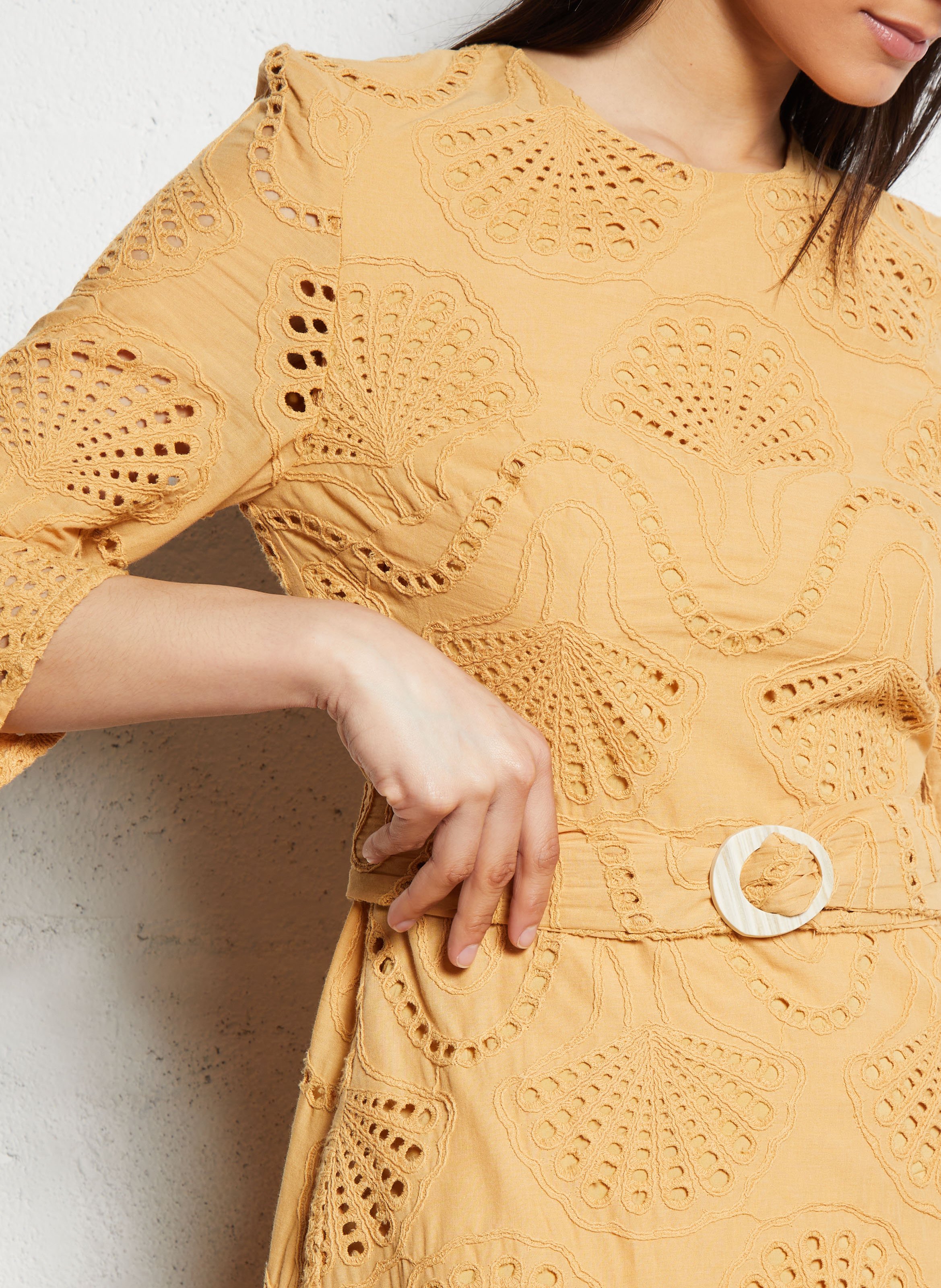 Robe midi col rond en coton mélangé Jaune