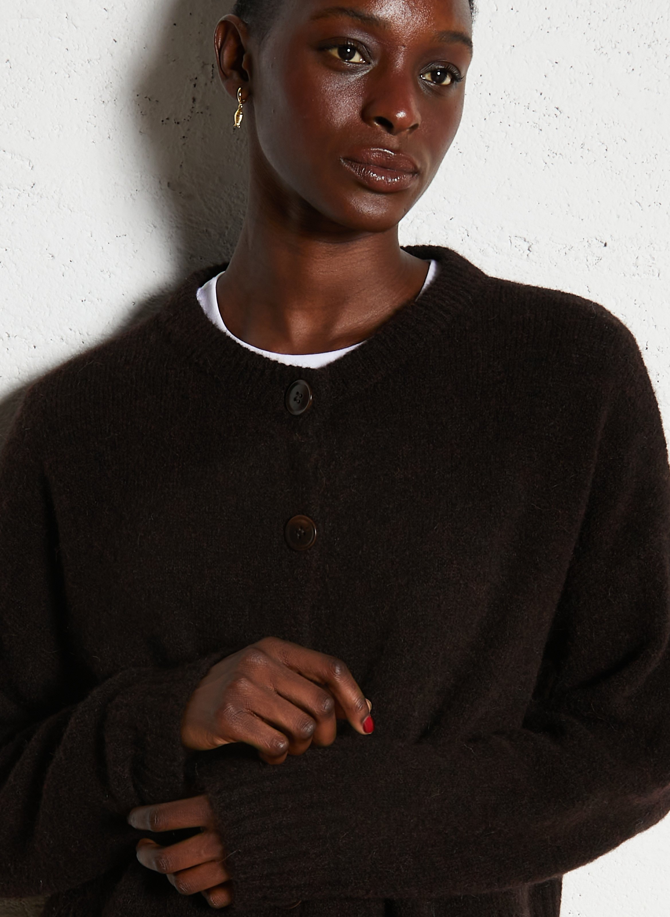 Loose-fit mixed-knit cardigan with round neck MAISON ANJE Beige