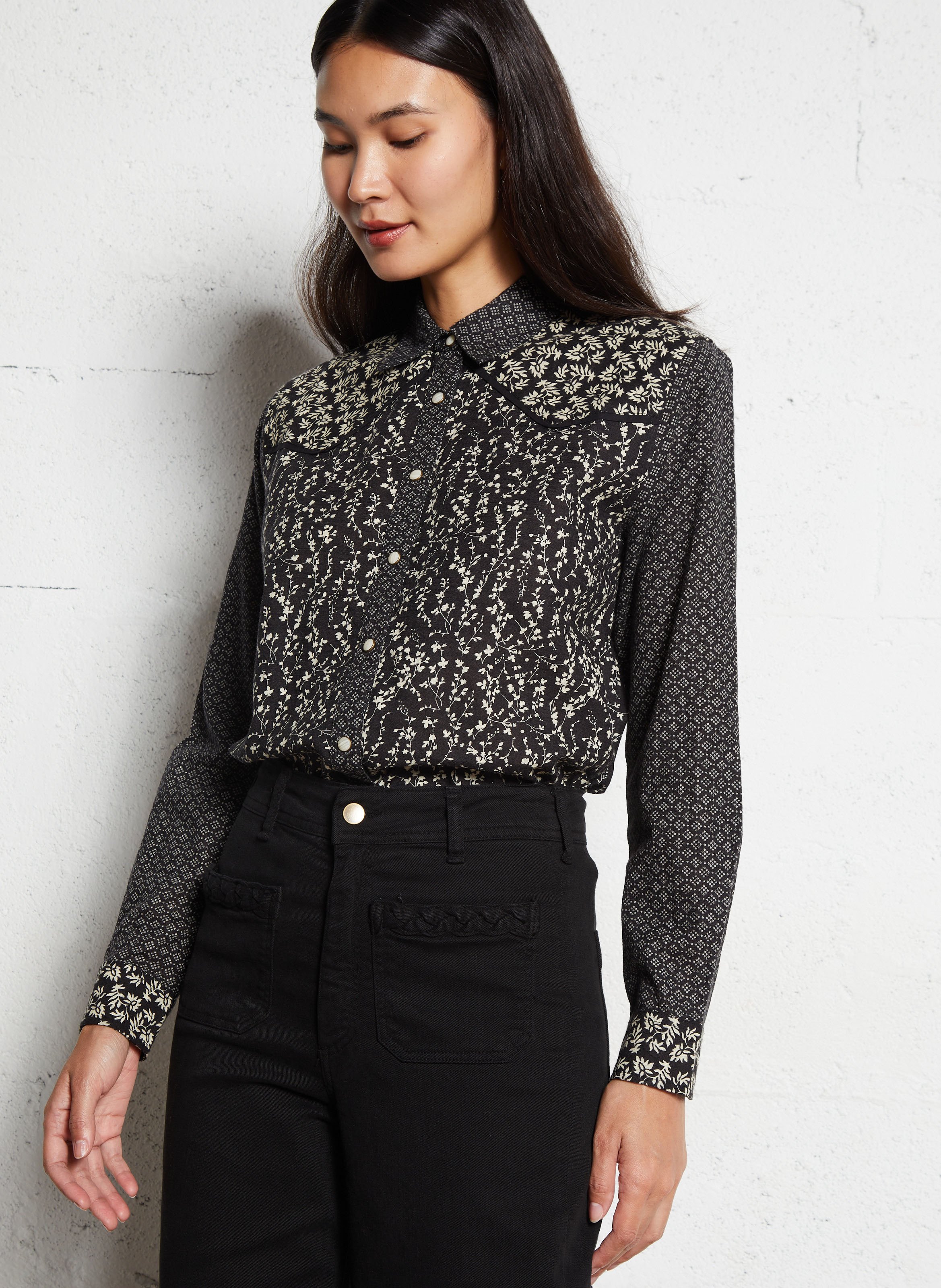 Chemise droite imprimée en coton MAISON HOTEL Noir