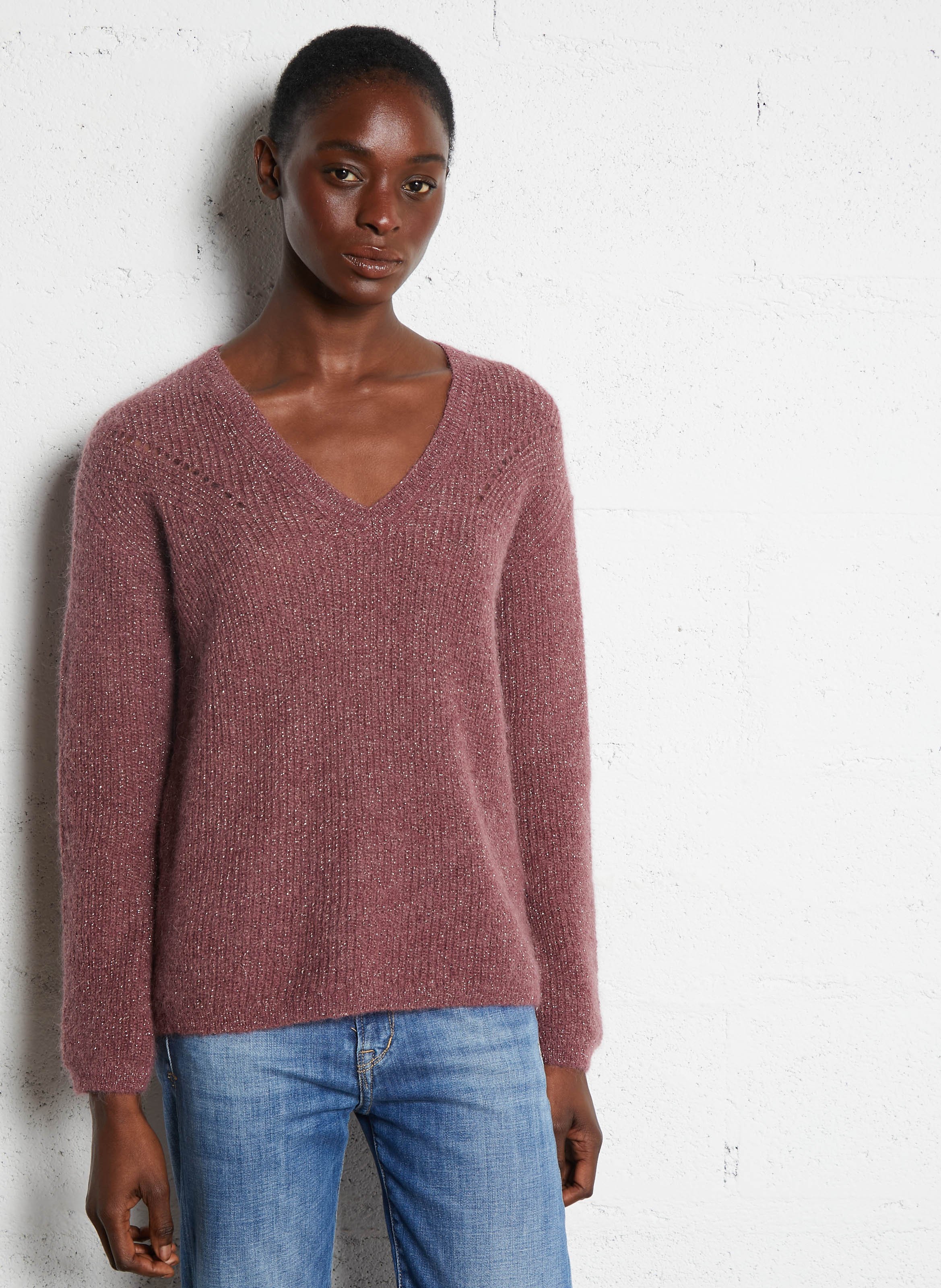 Pull droit col V métallisé en laine mélangée SUD EXPRESS