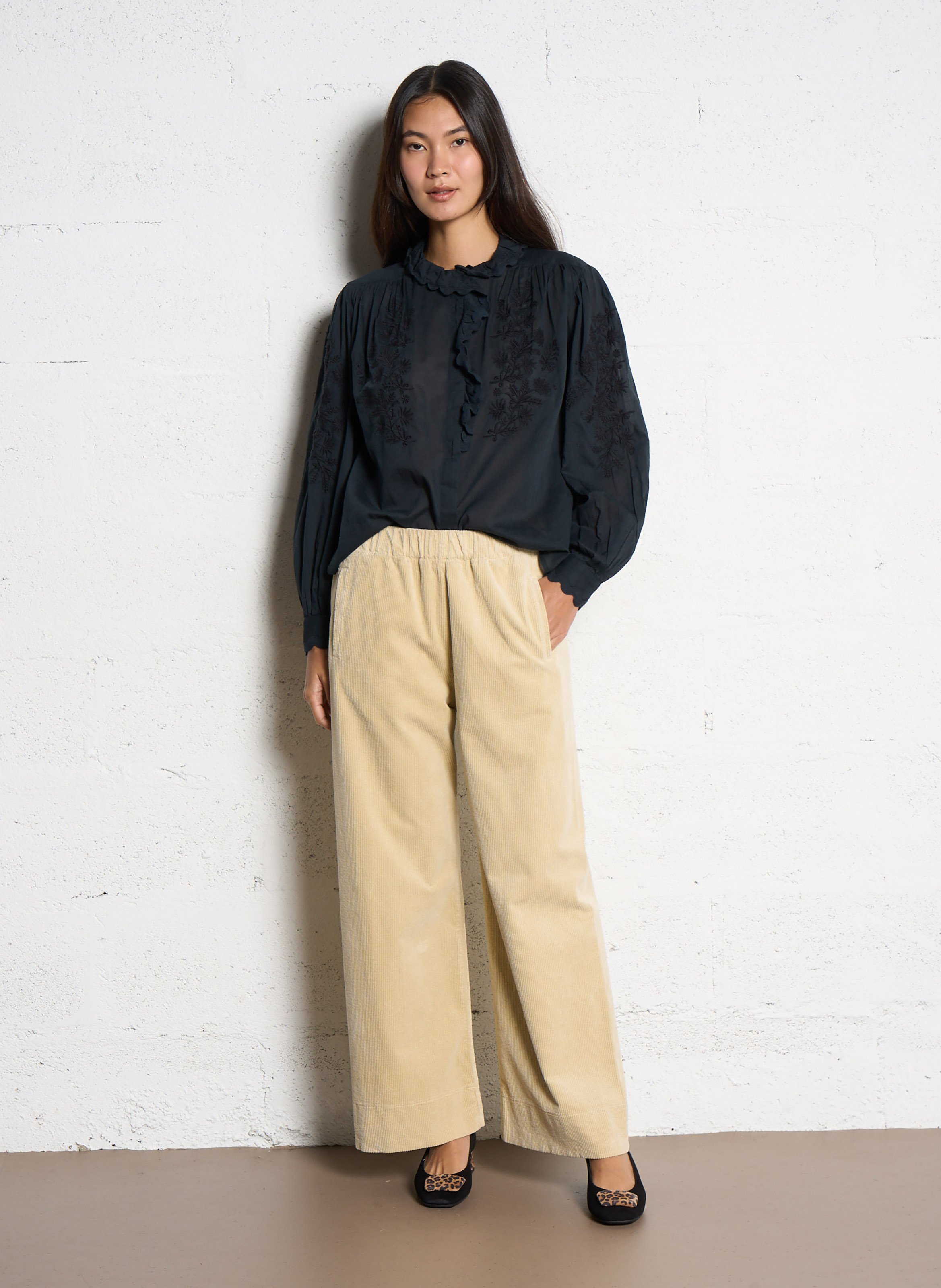 Round neck ruffled plain blouse LOUISE MISHA Black