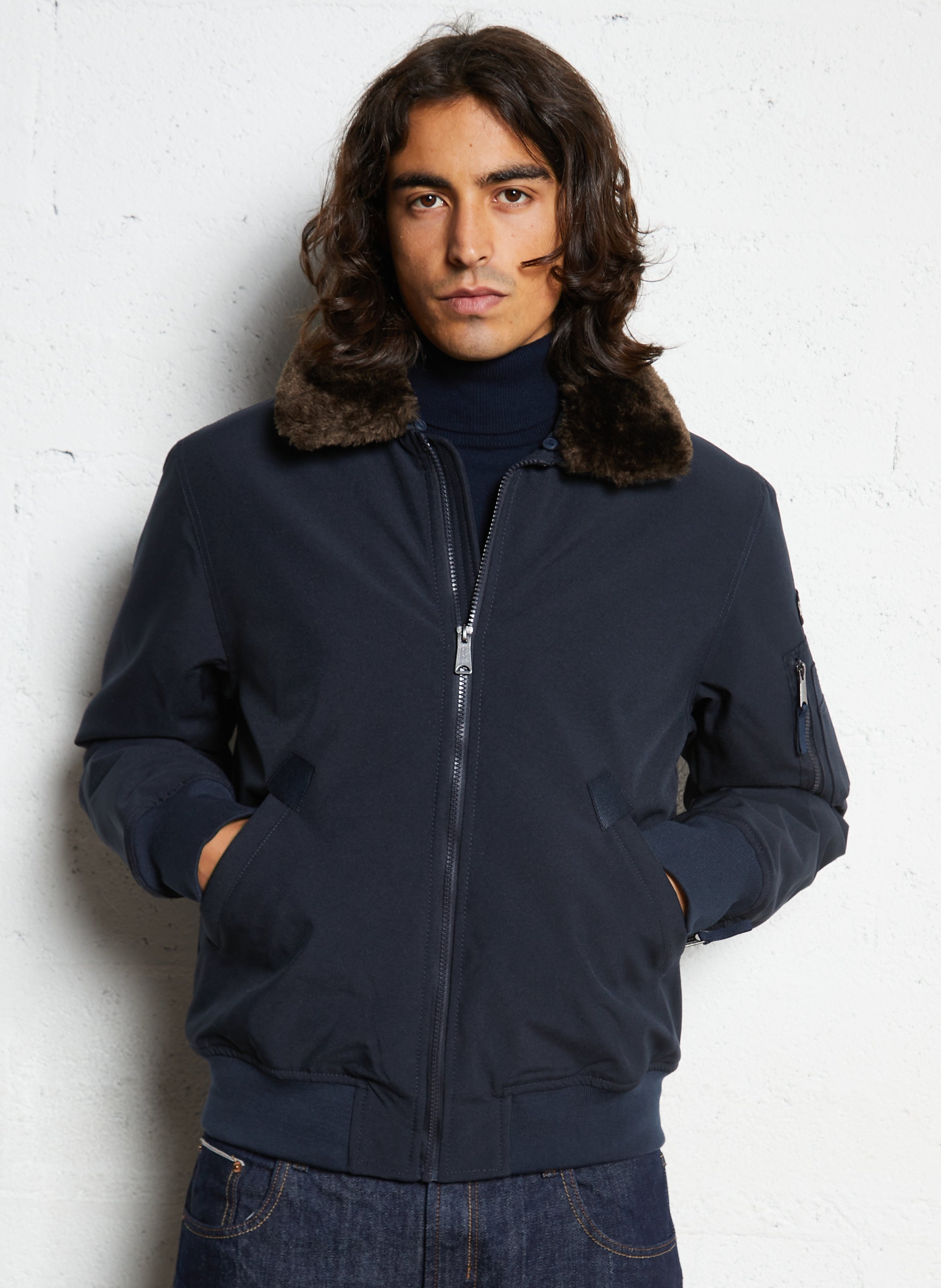 Blouson pilote ample uni à col fourrure SCHOTT Bleu