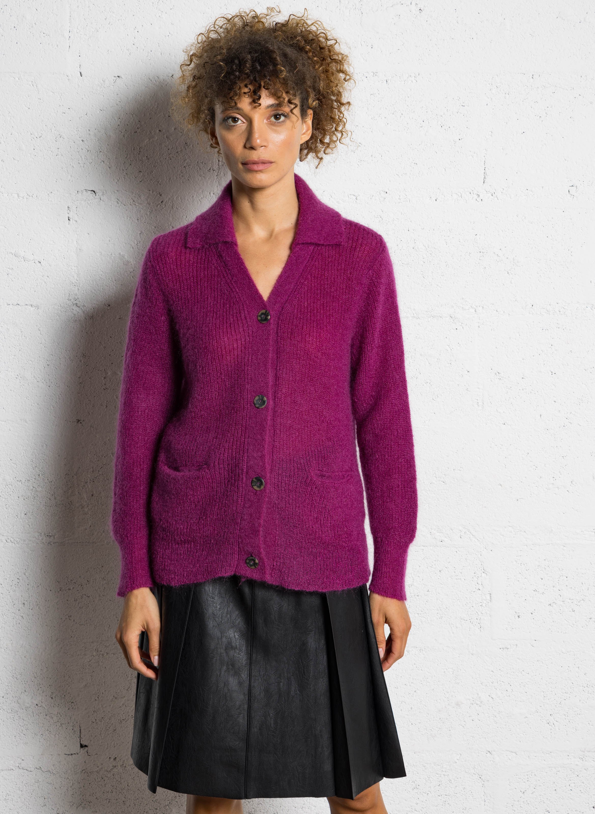 Cardigan col classique en laine mélangée LEON & HARPER Rose