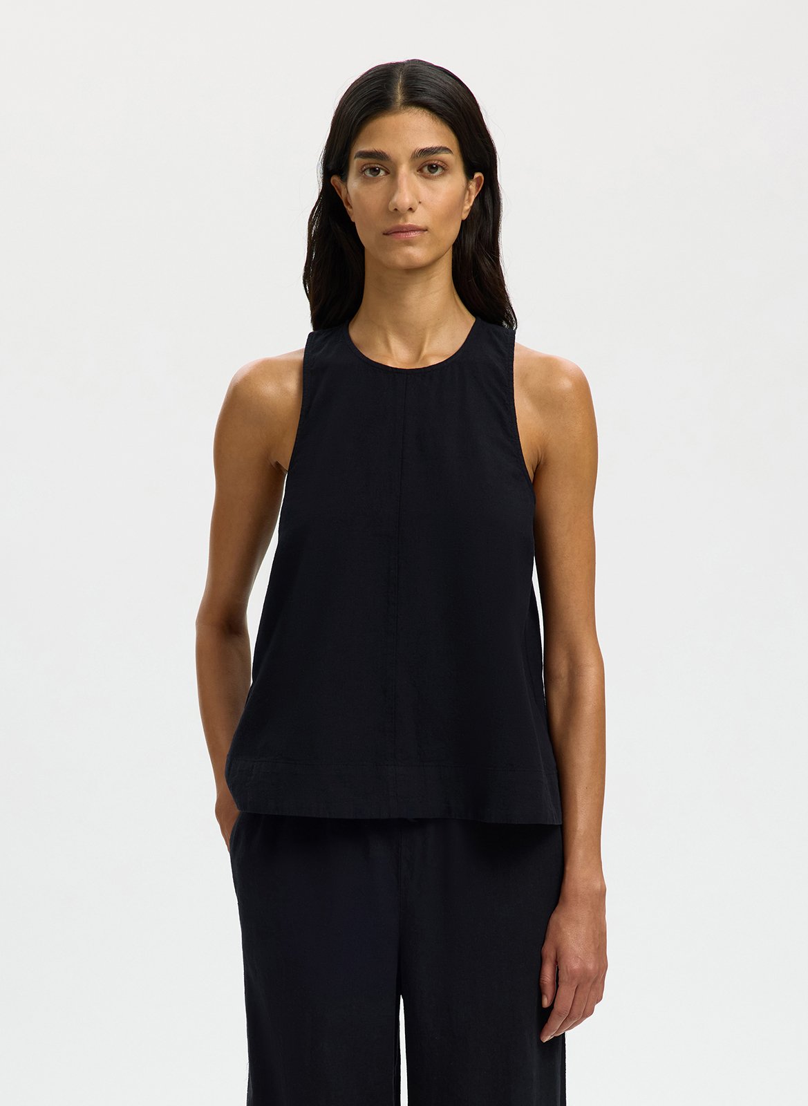 Round-neck top in blended linen and organic cotton SELECTED Black
