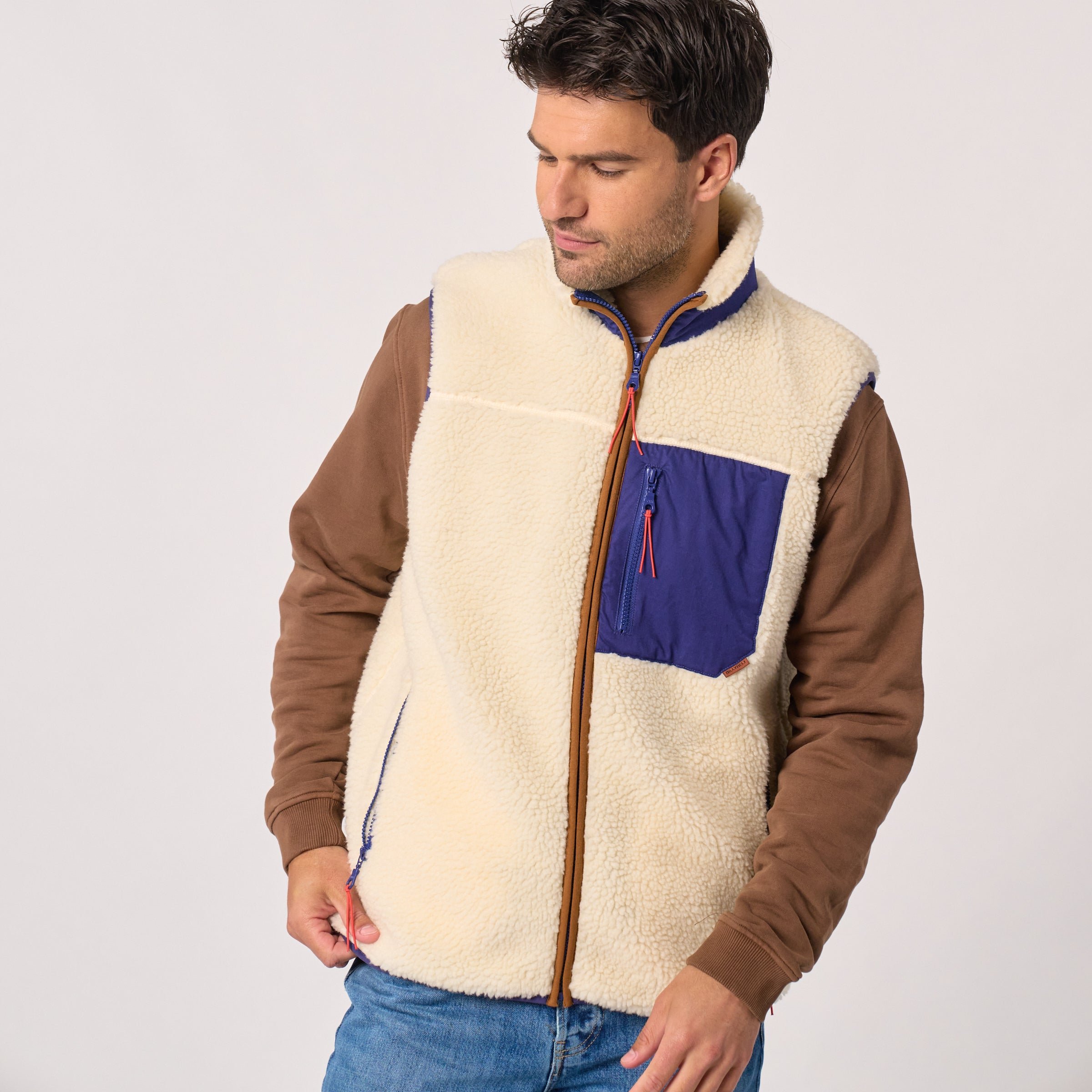 Sleeveless Sherpa Zip-Up Vest Beige
