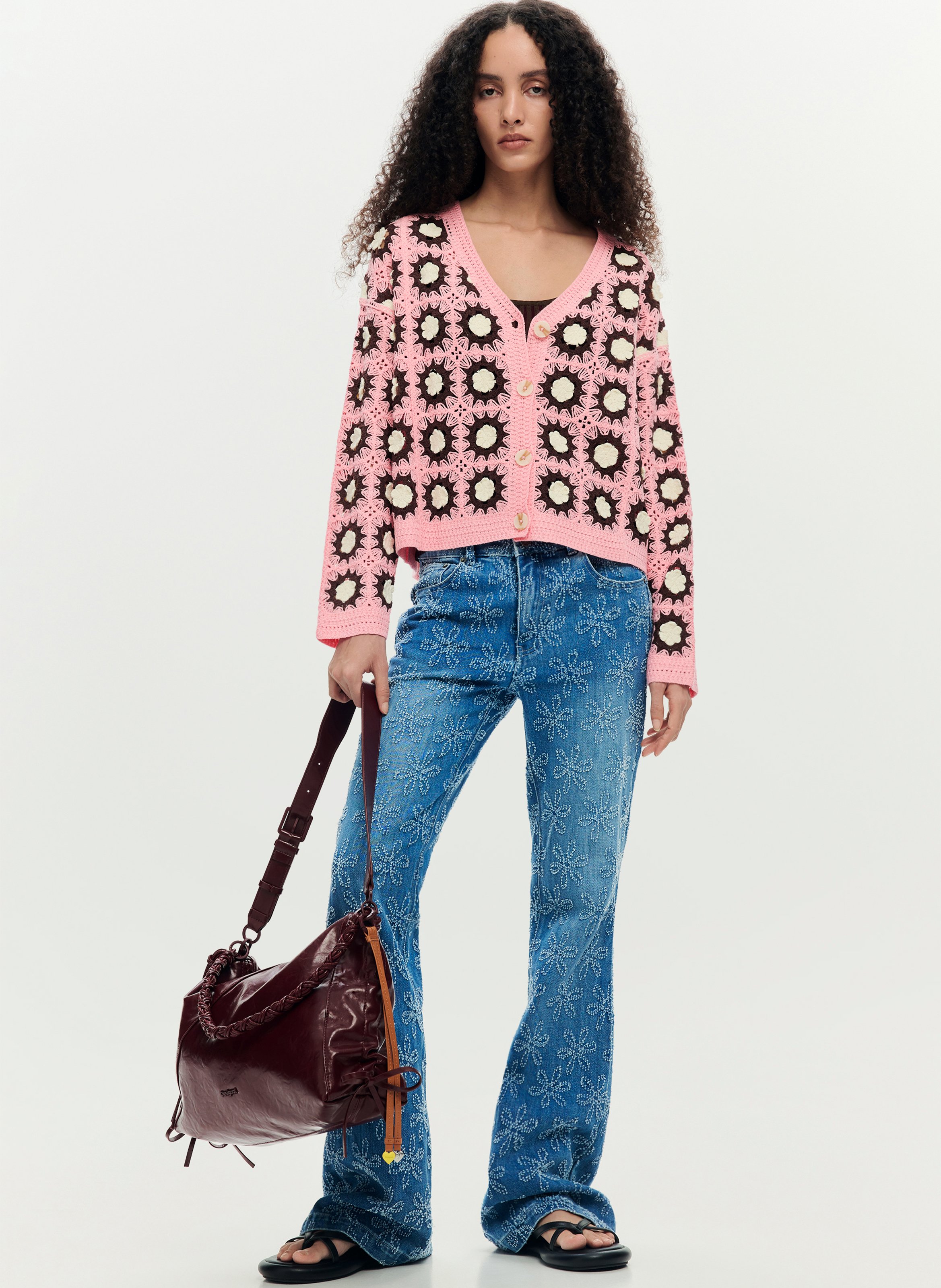 Cardigan col V boutonné en crochet DESIGUAL Rouge