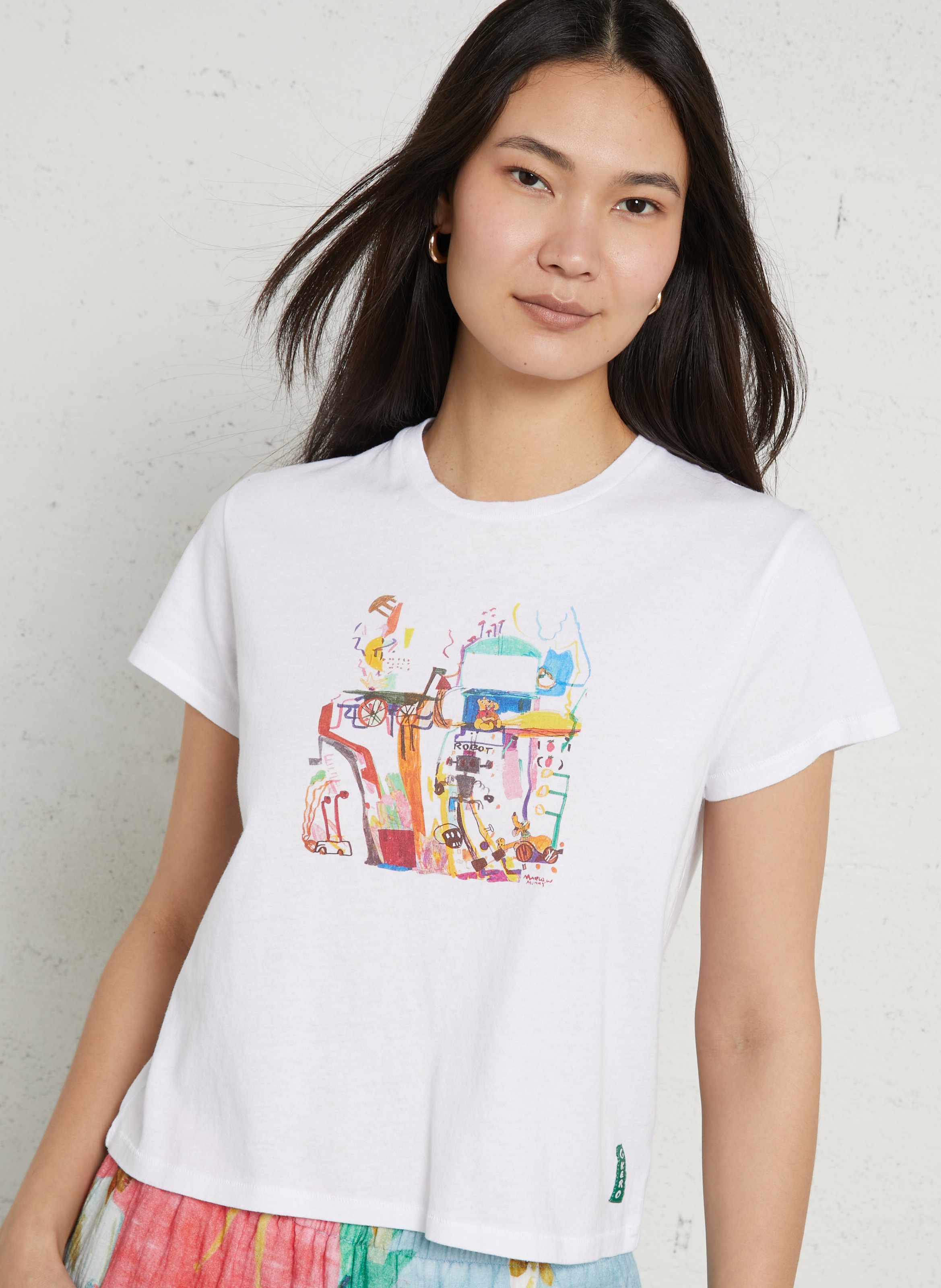 Gerader Rundhalsausschnitt bedrucktes Baumwoll-T-Shirt G.KERO Weiss