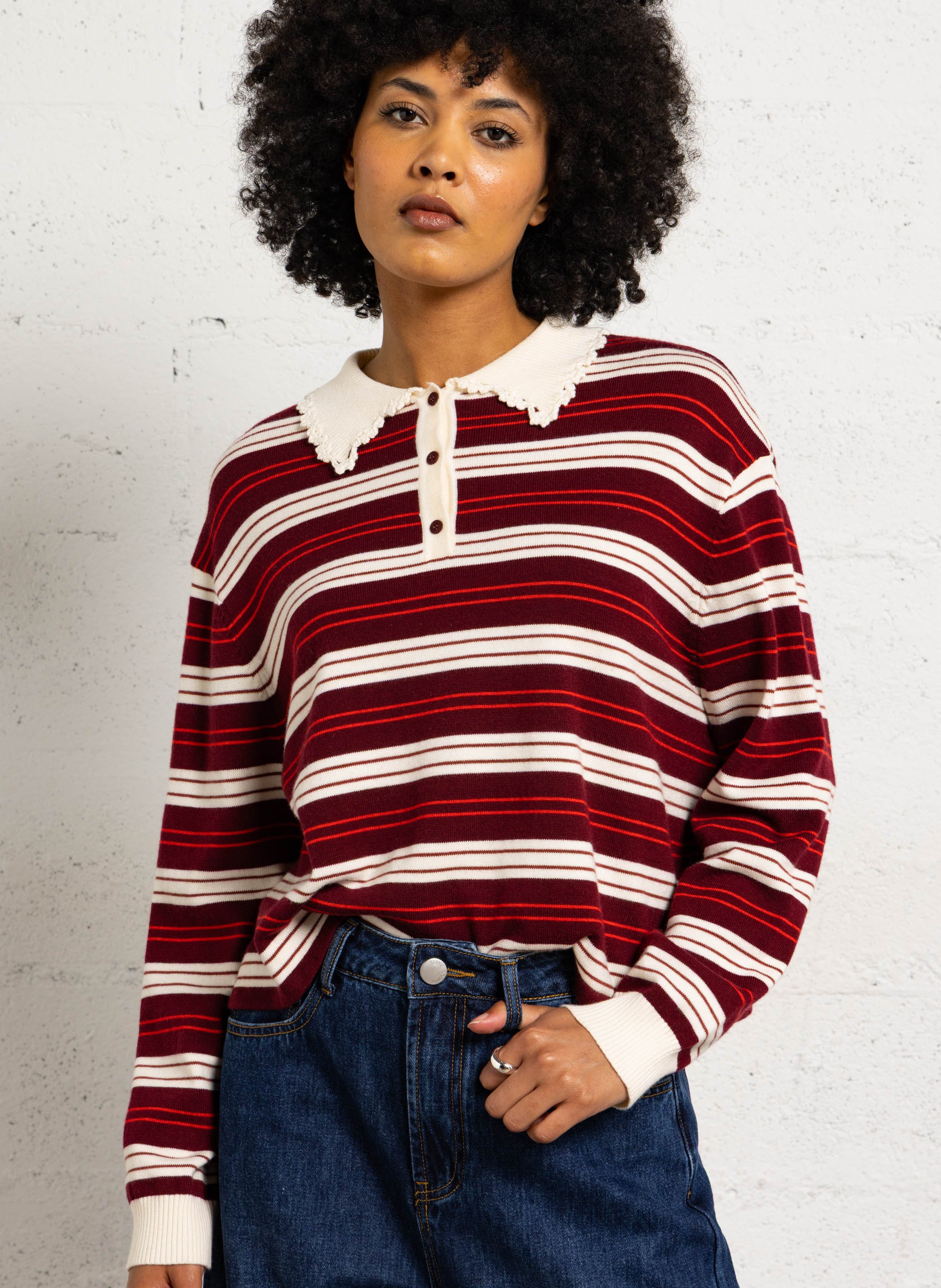 Oversized classic collar striped knit sweater SUNCOO Red
