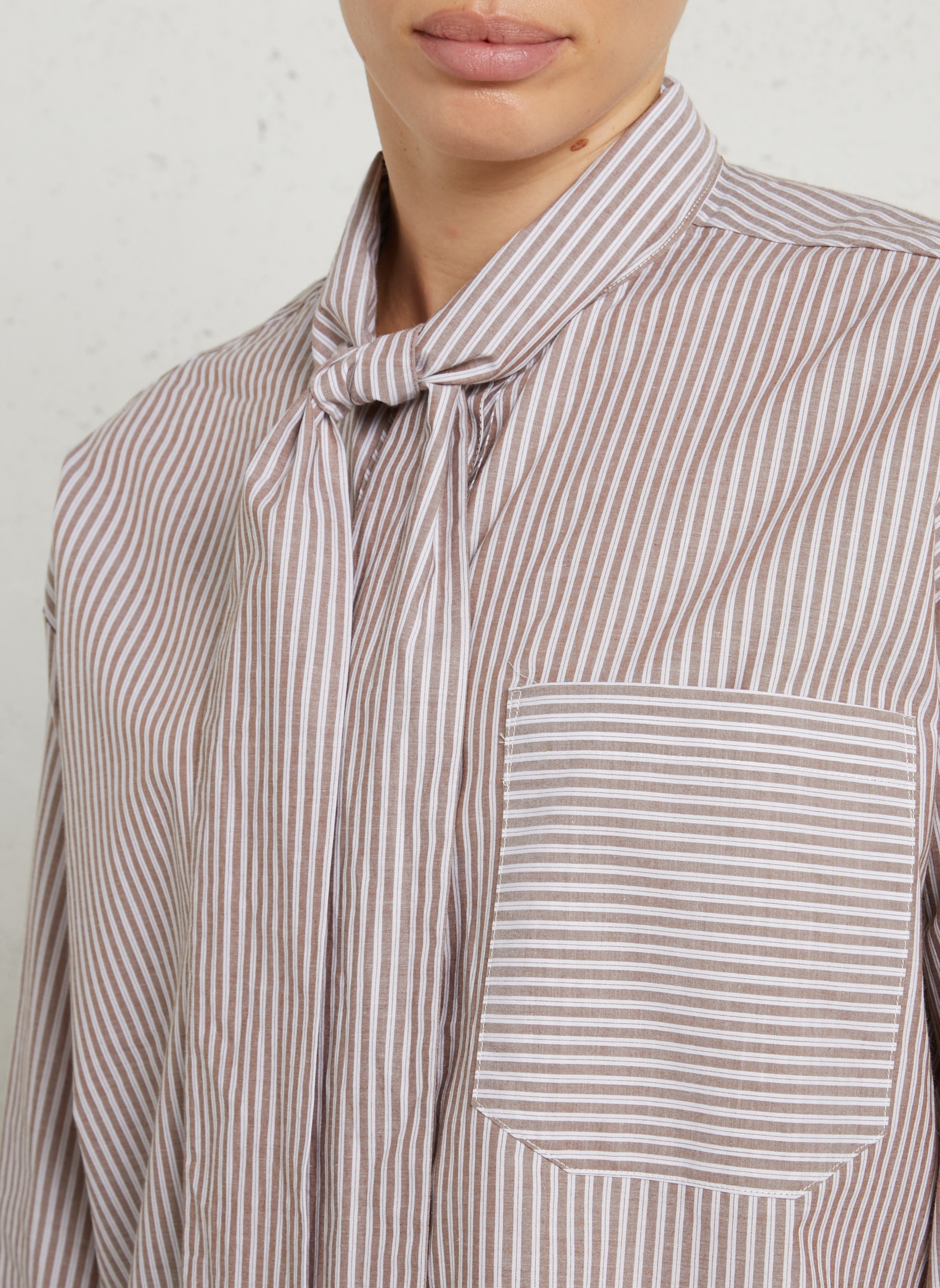 Striped cotton blouse with bow tie JC SOPHIE Brown