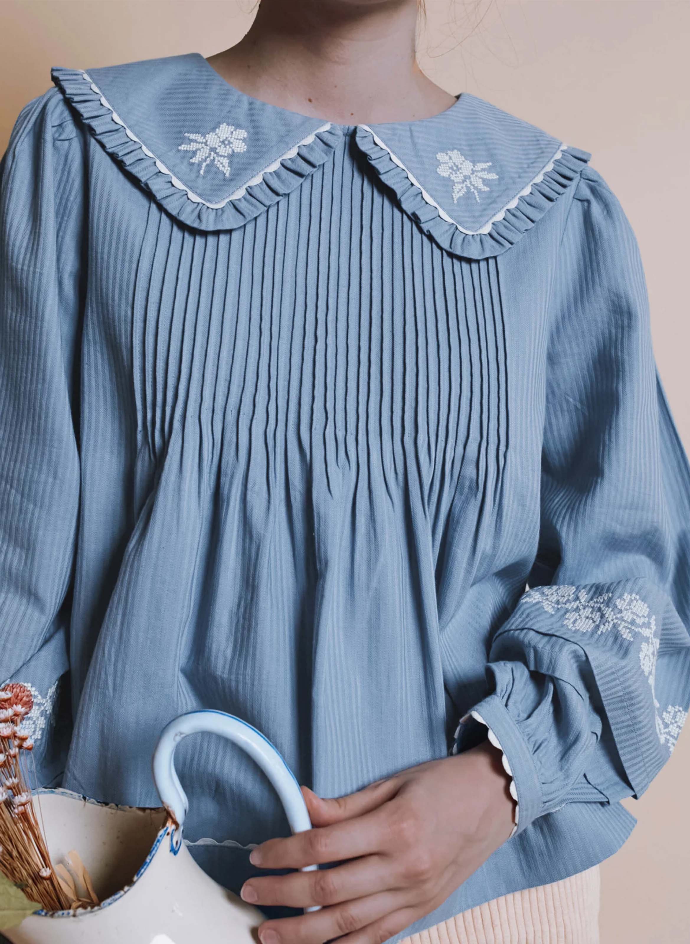 Baumwollbluse mit Bubikragen EMILE ET IDA Blau