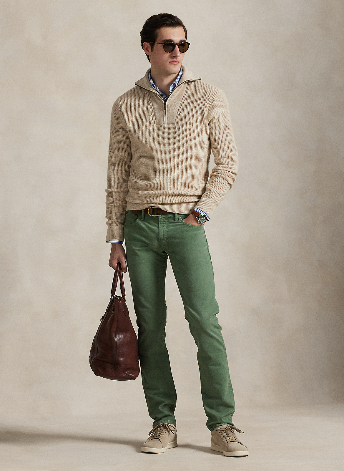 Pull droit col cheminé en laine et coton mélangé POLO RALPH LAUREN Beige