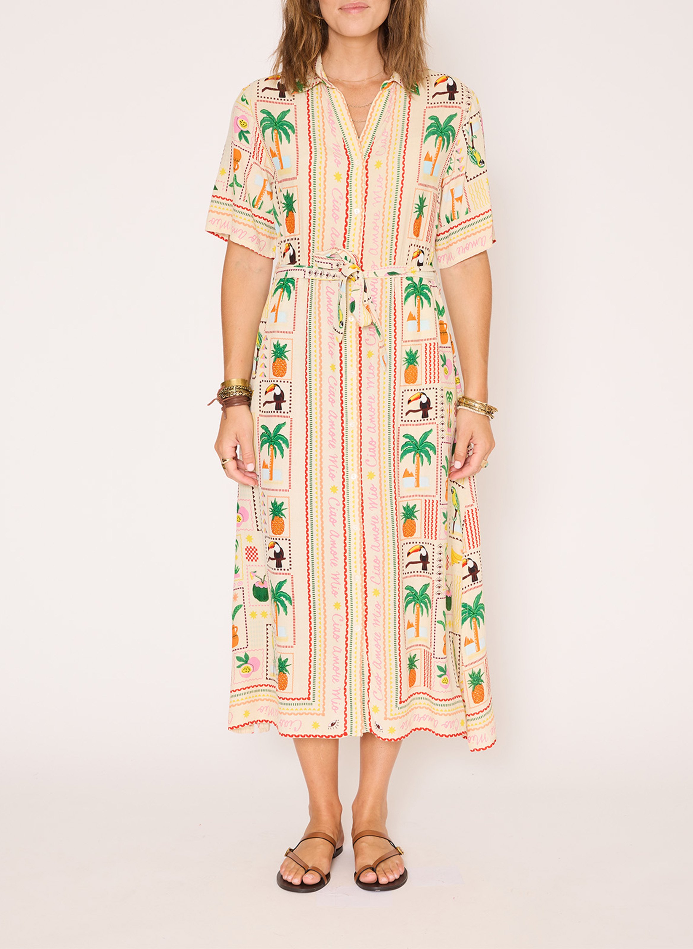 Robe midi imprimée à ceinture MKT Beige