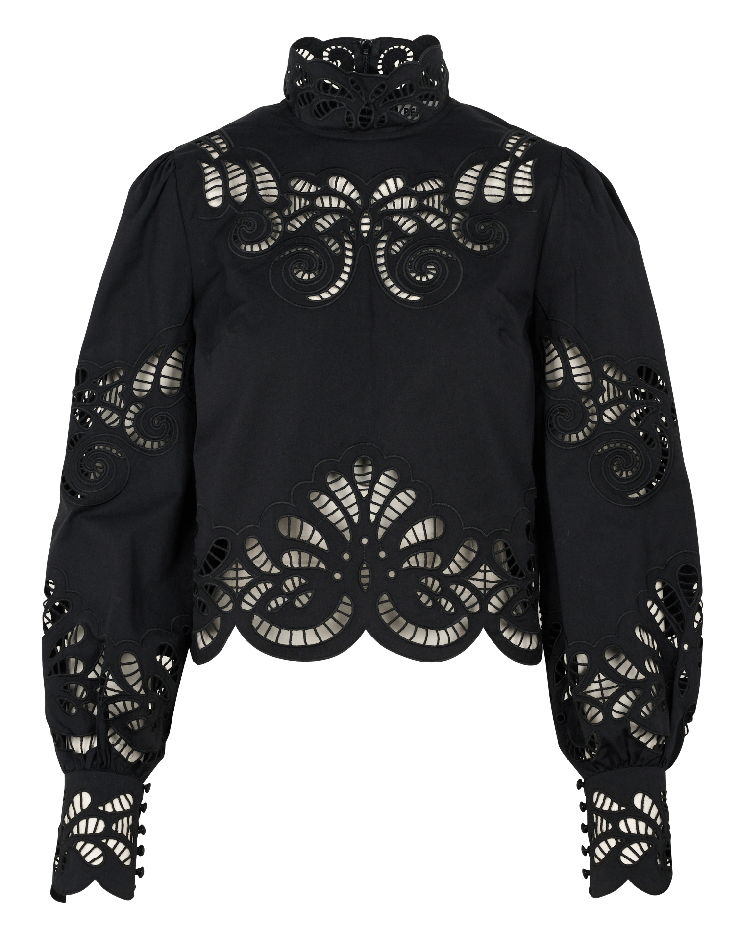 Blouse droite col montant brodée en coton BERENICE Noir