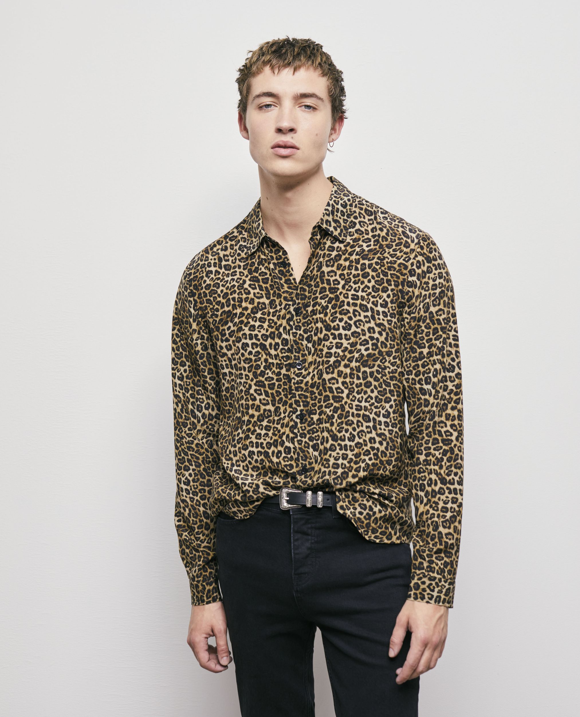 Printed Silk Shirt With Classic Collar Leopard The Kooples Men