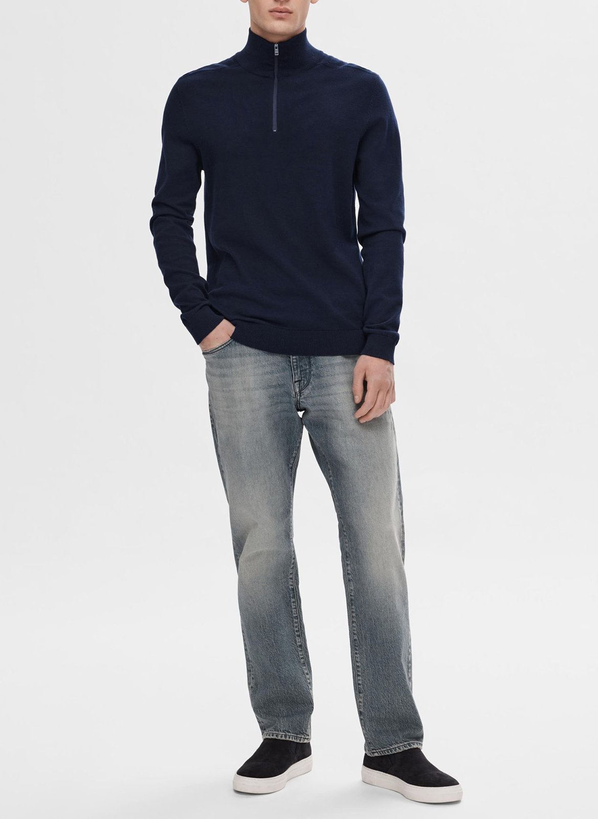 Regular-fit cotton sweater with zip-up high neck SELECTED Blue