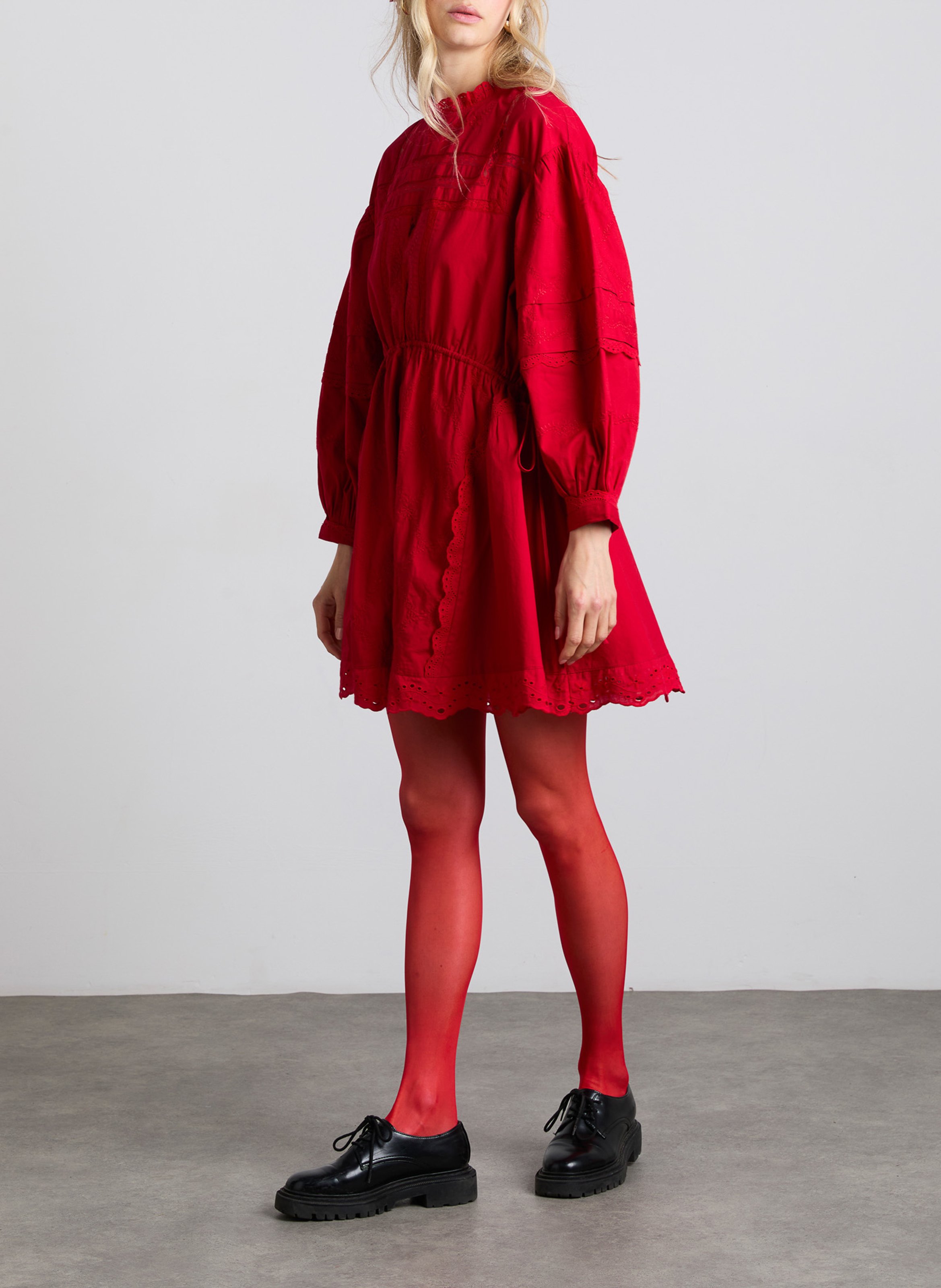 Short embroidered organic cotton dress DAMSON MADDER Red