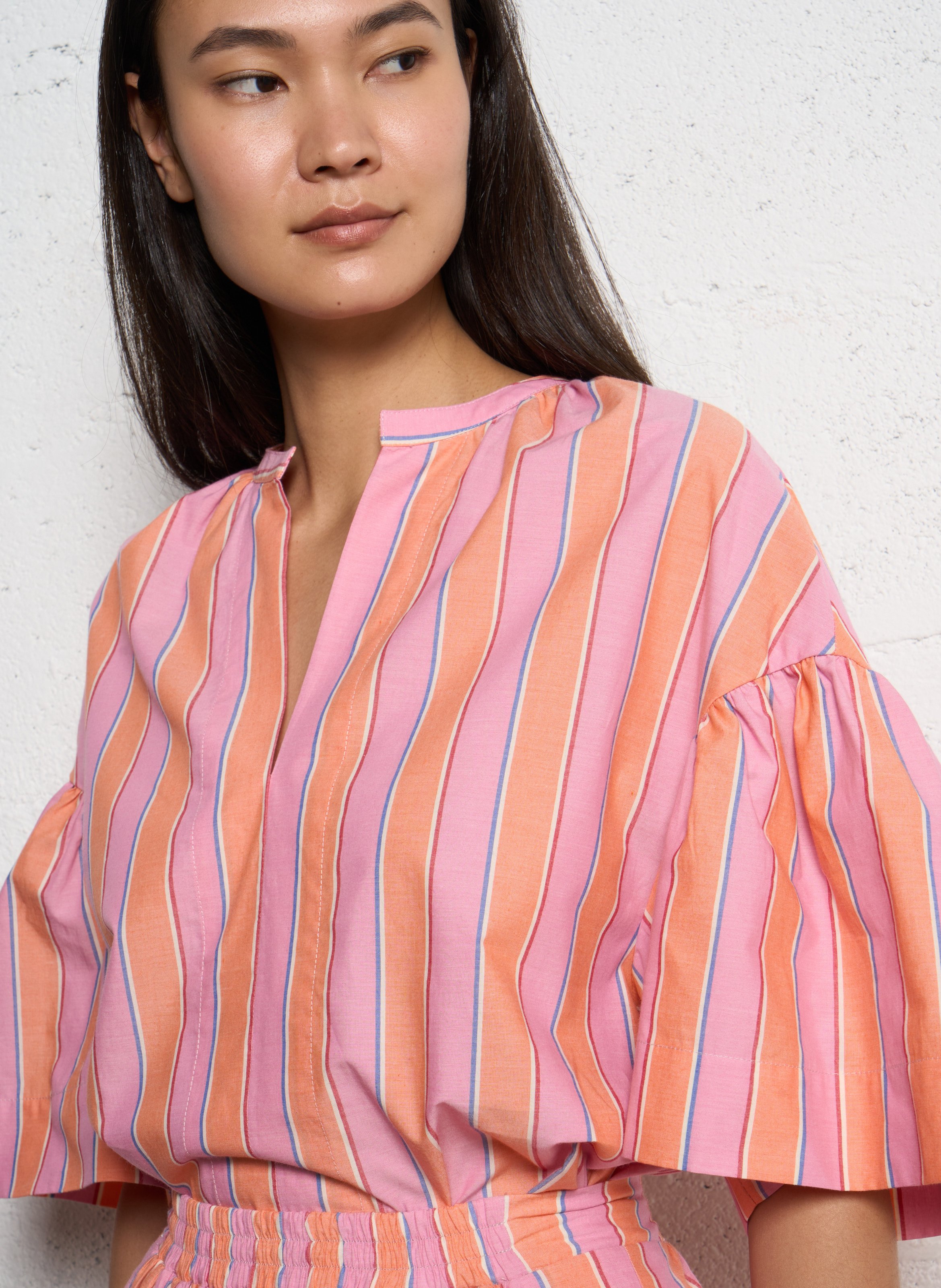 Henley-collar top in striped cotton TINSELS Orange