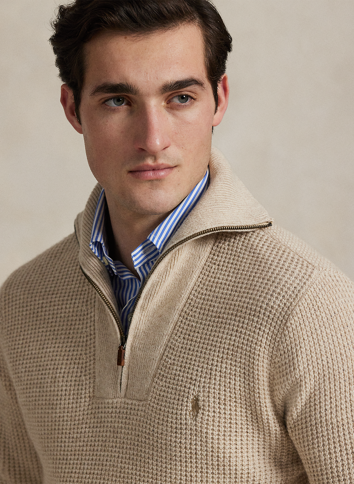 Pull droit col cheminé en laine et coton mélangé POLO RALPH LAUREN Beige