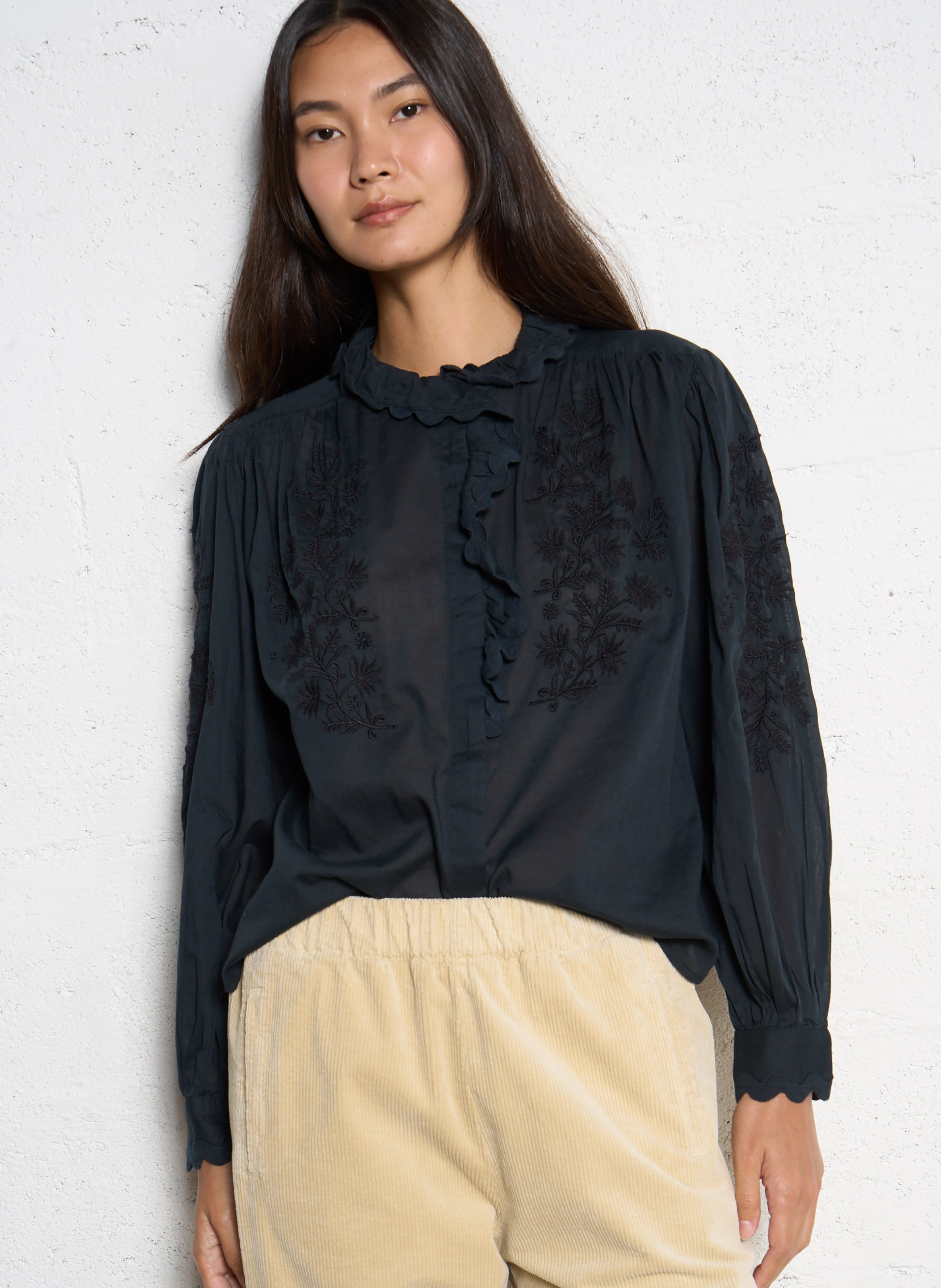 Round neck ruffled plain blouse LOUISE MISHA Black