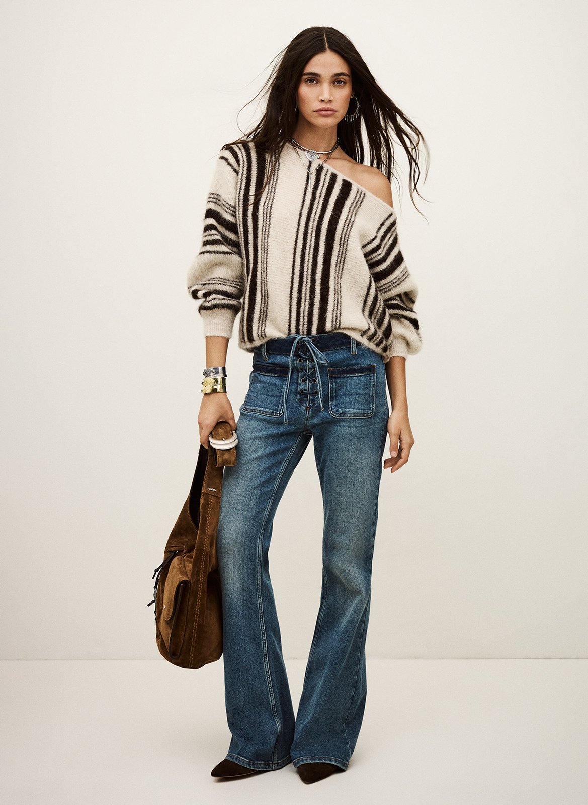 Asymmetrische trui met boothals - wolblend BA&SH Bruin