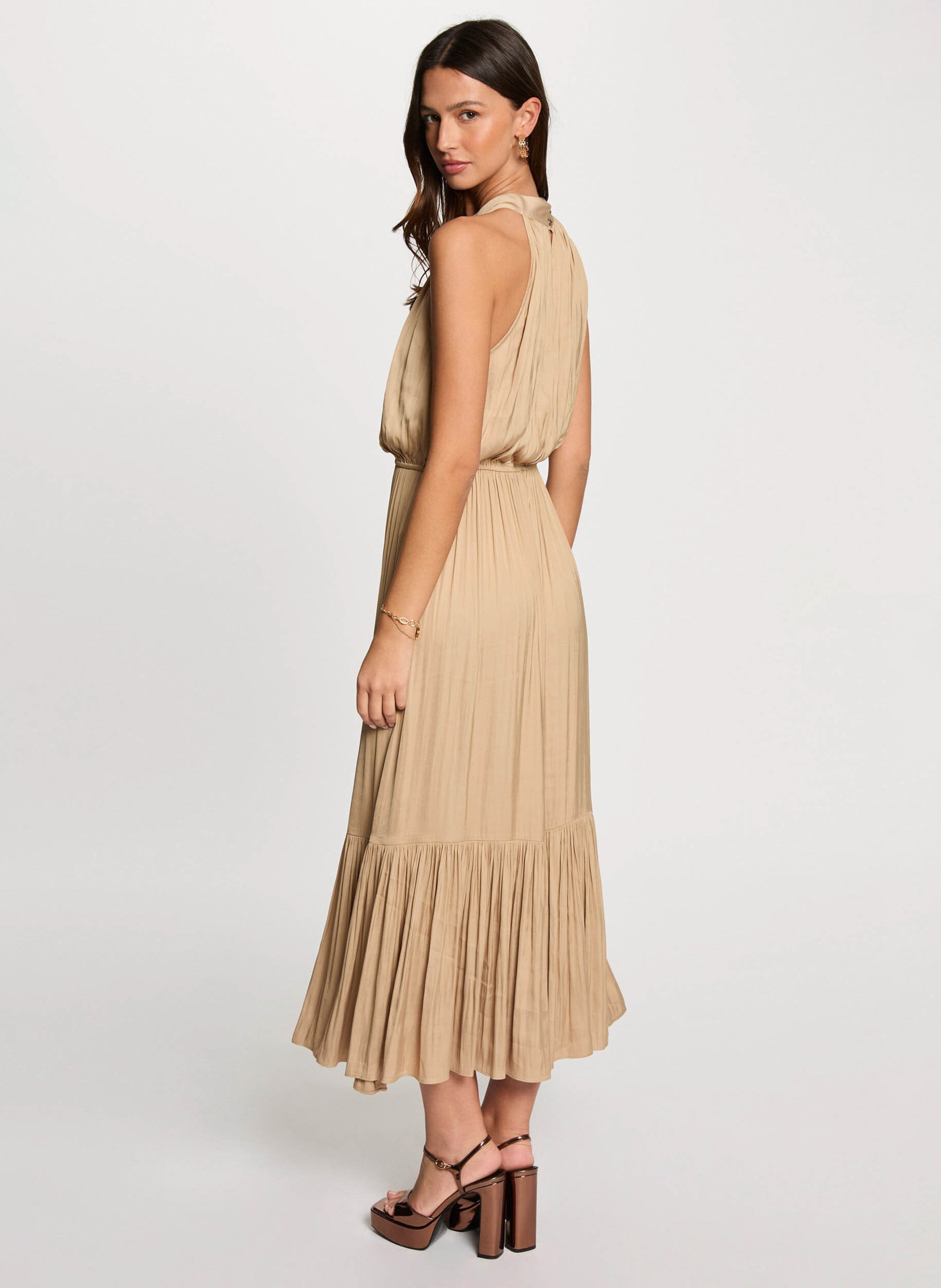 Lange jurk met uitlopende rok en hoogsluitende hals MORGAN Beige