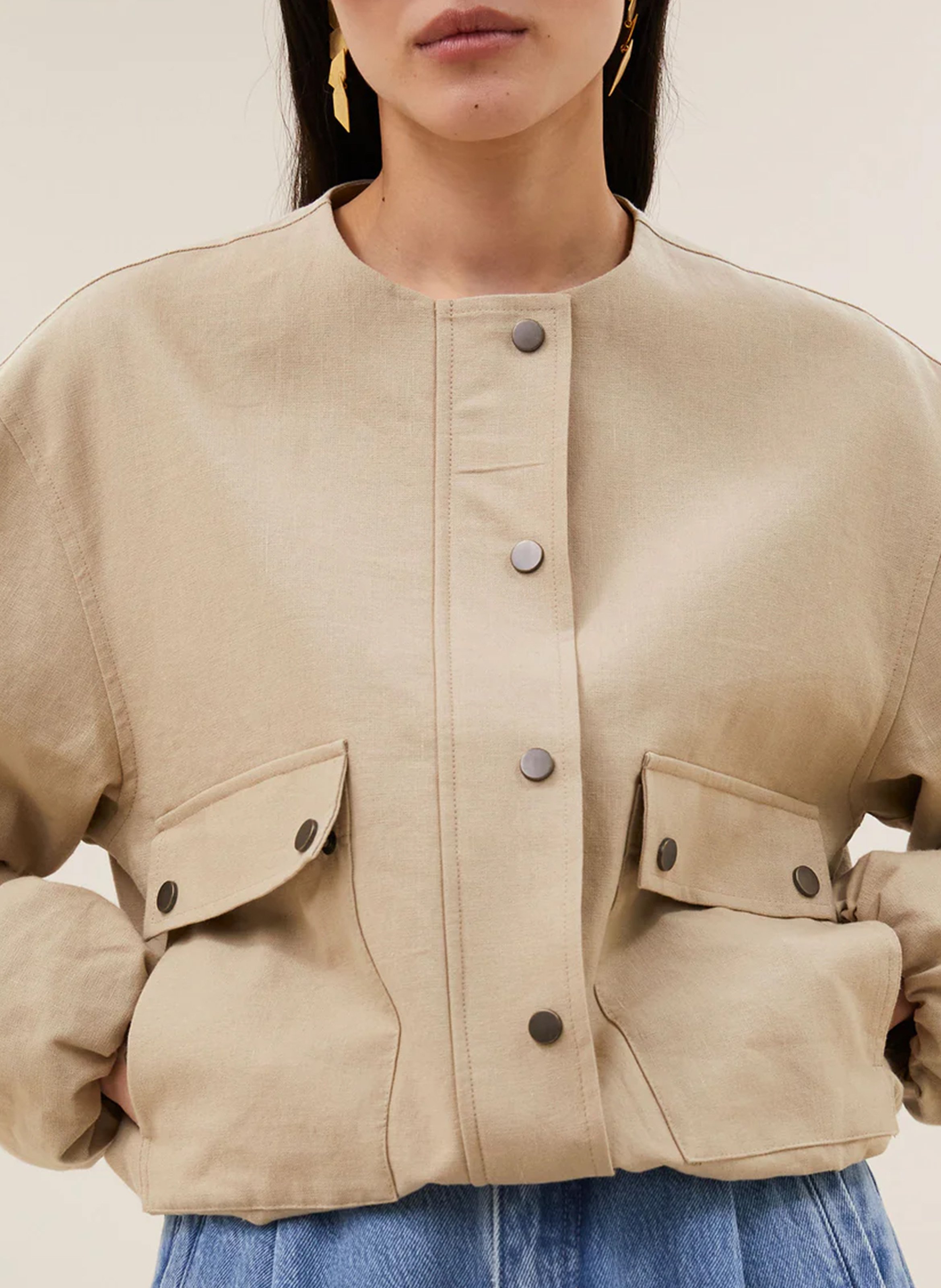 Veste oversize col rond en coton et lin mélangé BY BAR Beige