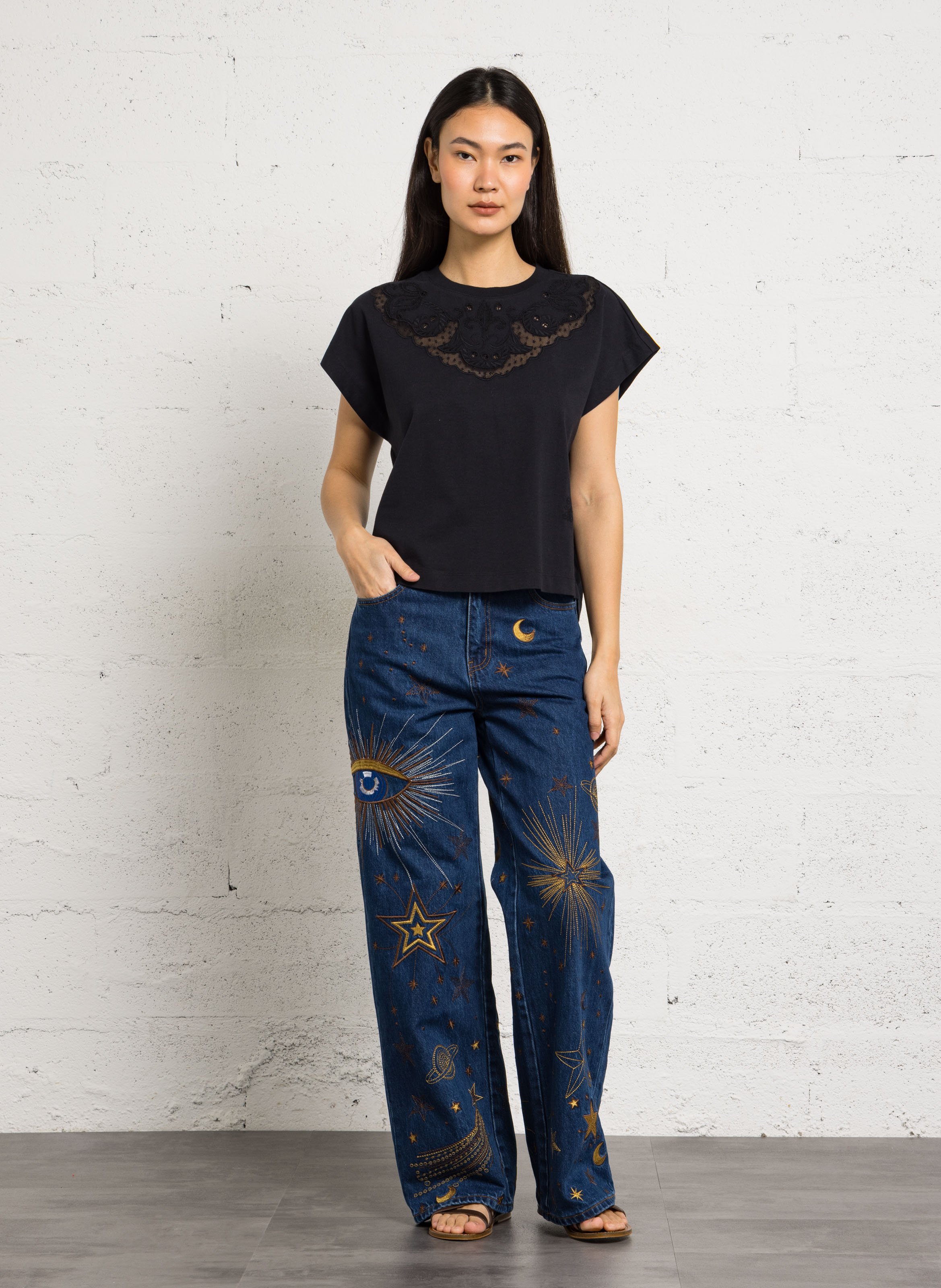 Tee-shirt ample col rond brodé en coton LOUISE MISHA Noir