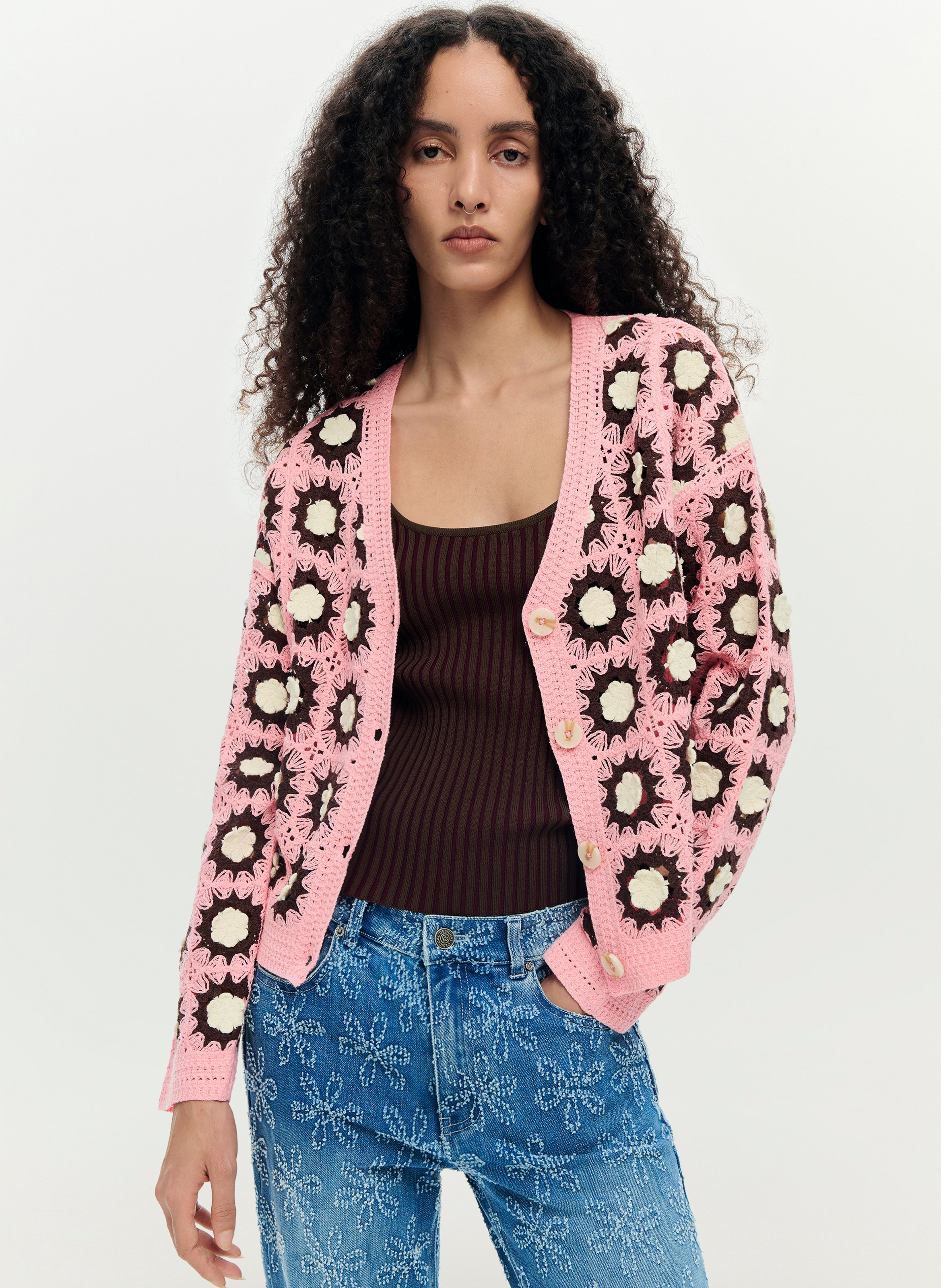 Cardigan col V boutonné en crochet DESIGUAL Rouge