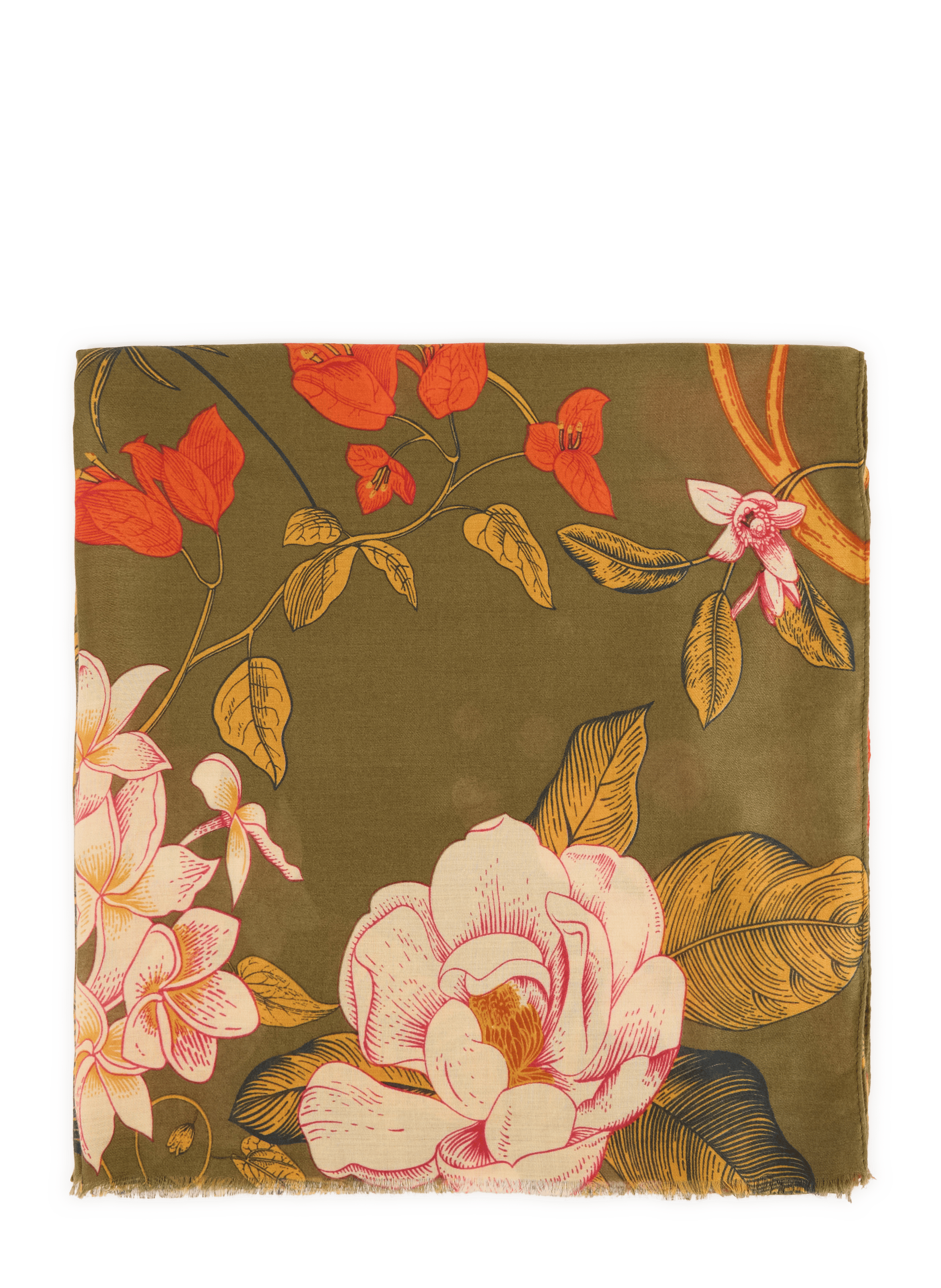 Floral pattern scarf with fringes AU PRINTEMPS PARIS Khaki