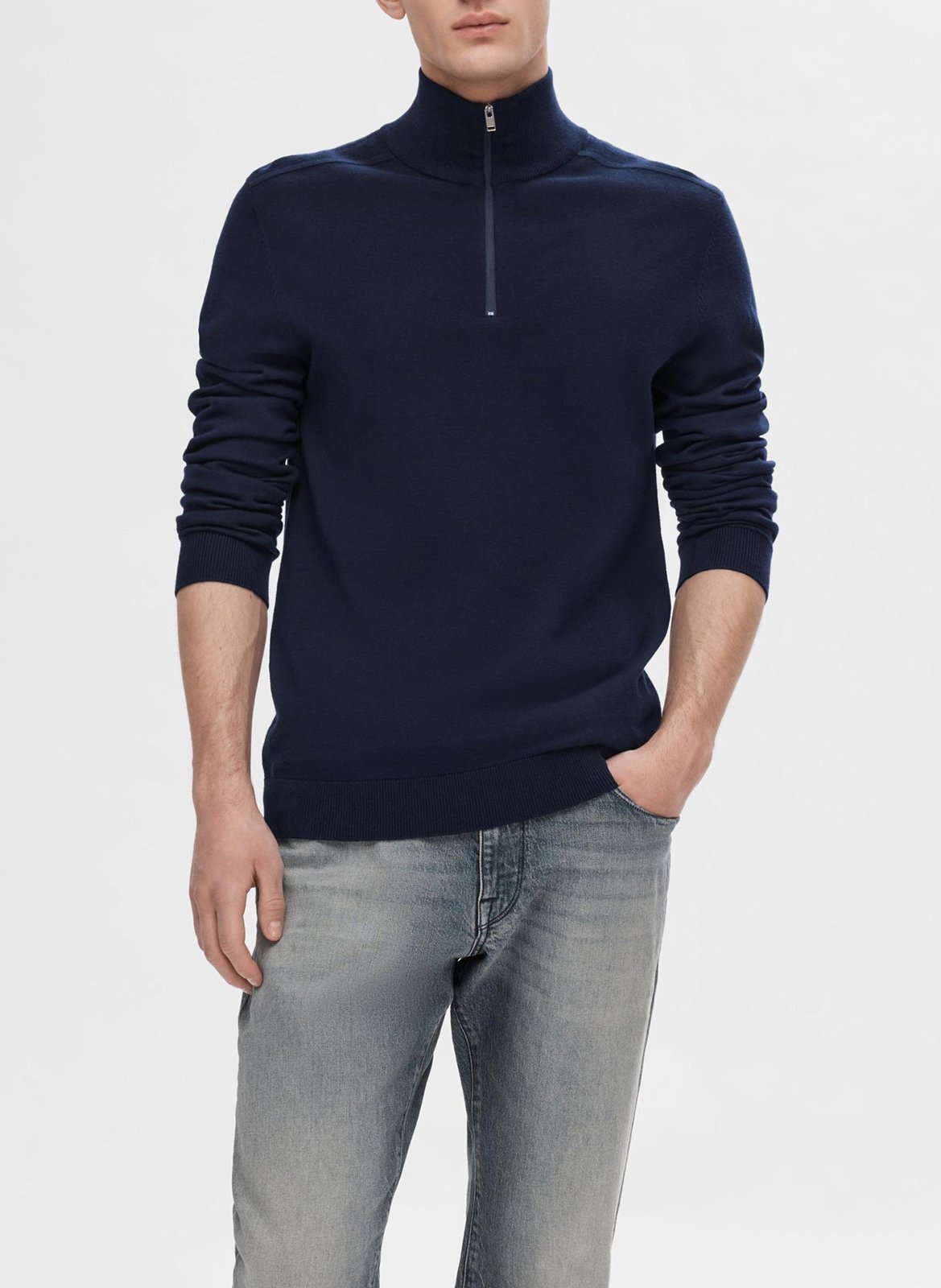 Regular-fit cotton sweater with zip-up high neck SELECTED