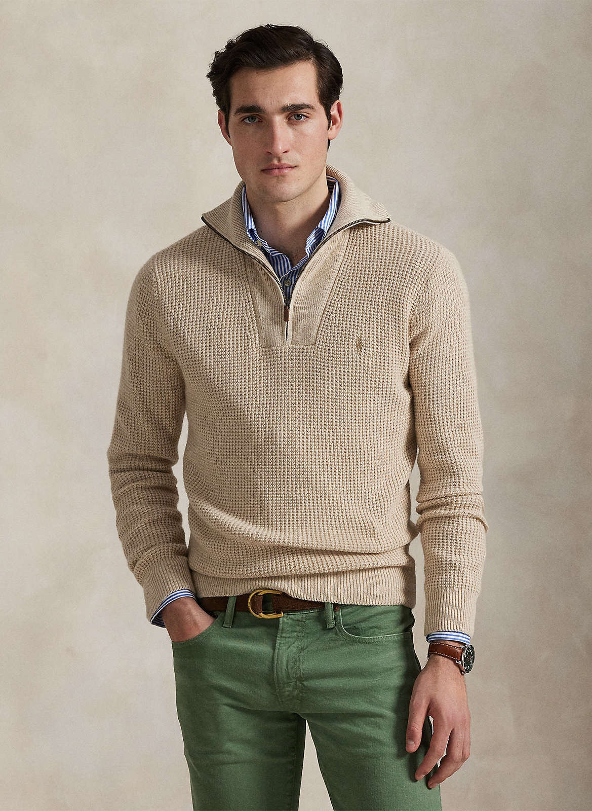 Pull droit col cheminé en laine et coton mélangé POLO RALPH LAUREN Beige