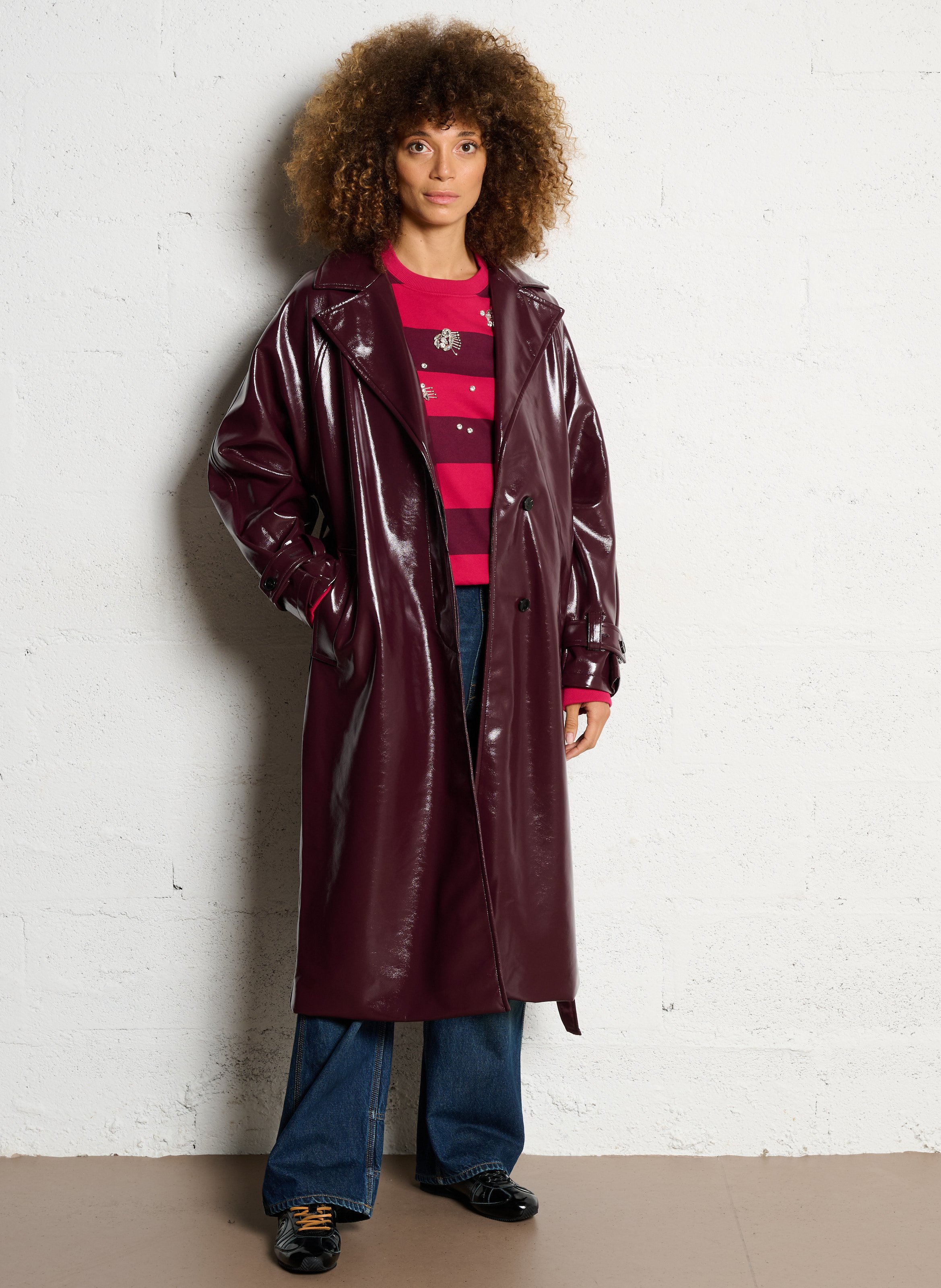 Straight trench coat with tailored collar in vinyl effect IKKS Purple