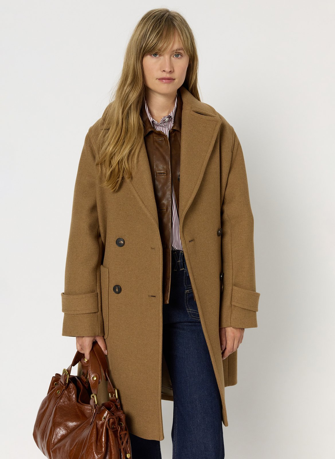Long manteau col tailleur en laine mélangée GERARD DAREL Marron