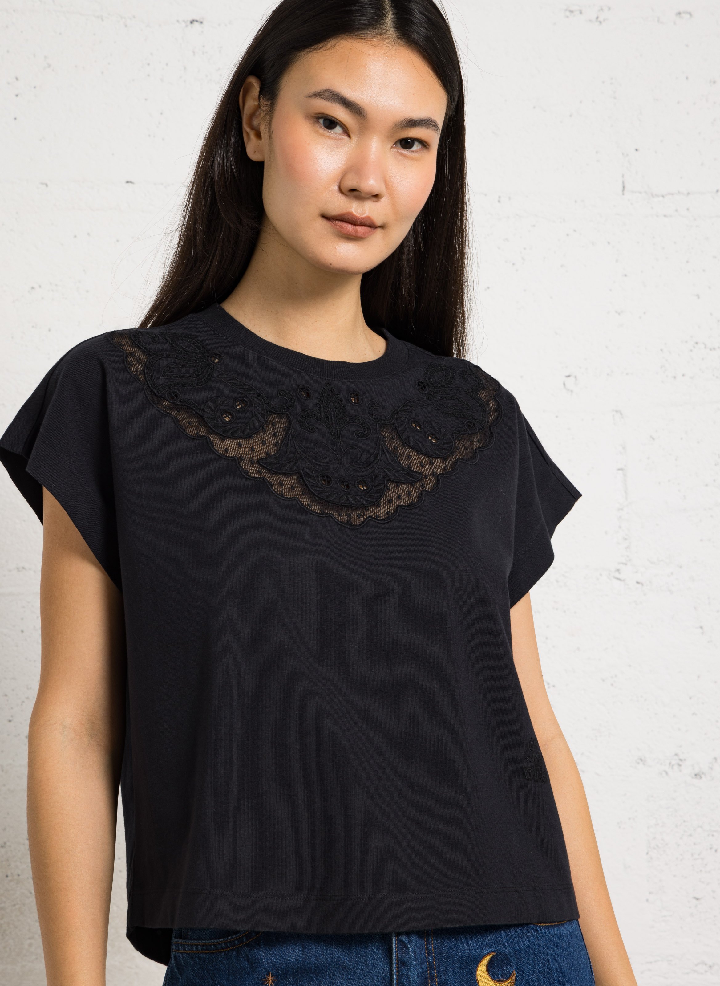 Tee-shirt ample col rond brodé en coton LOUISE MISHA Noir