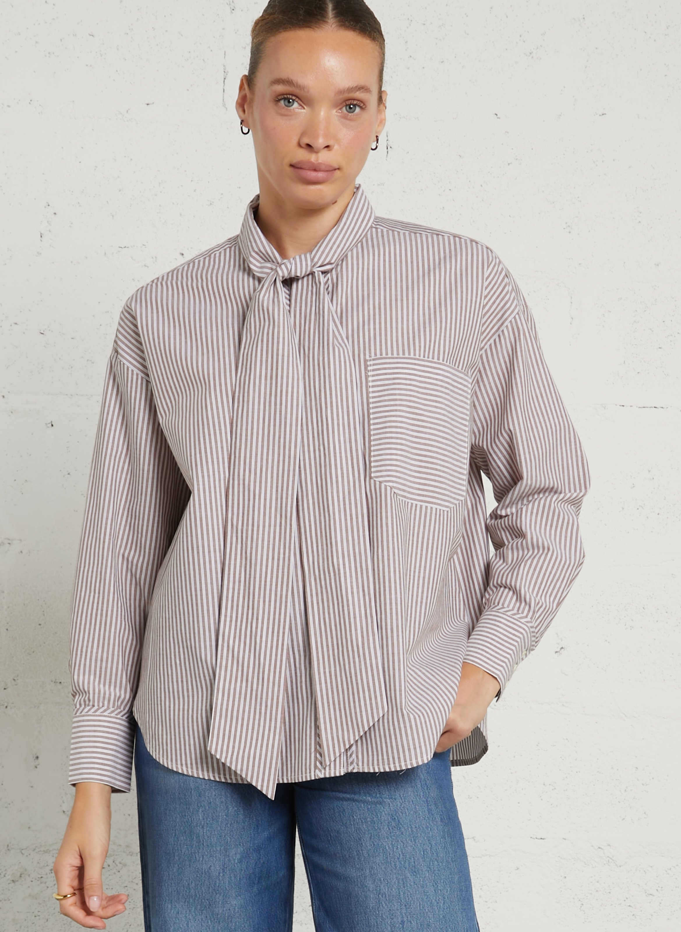 Striped cotton blouse with bow tie JC SOPHIE Brown