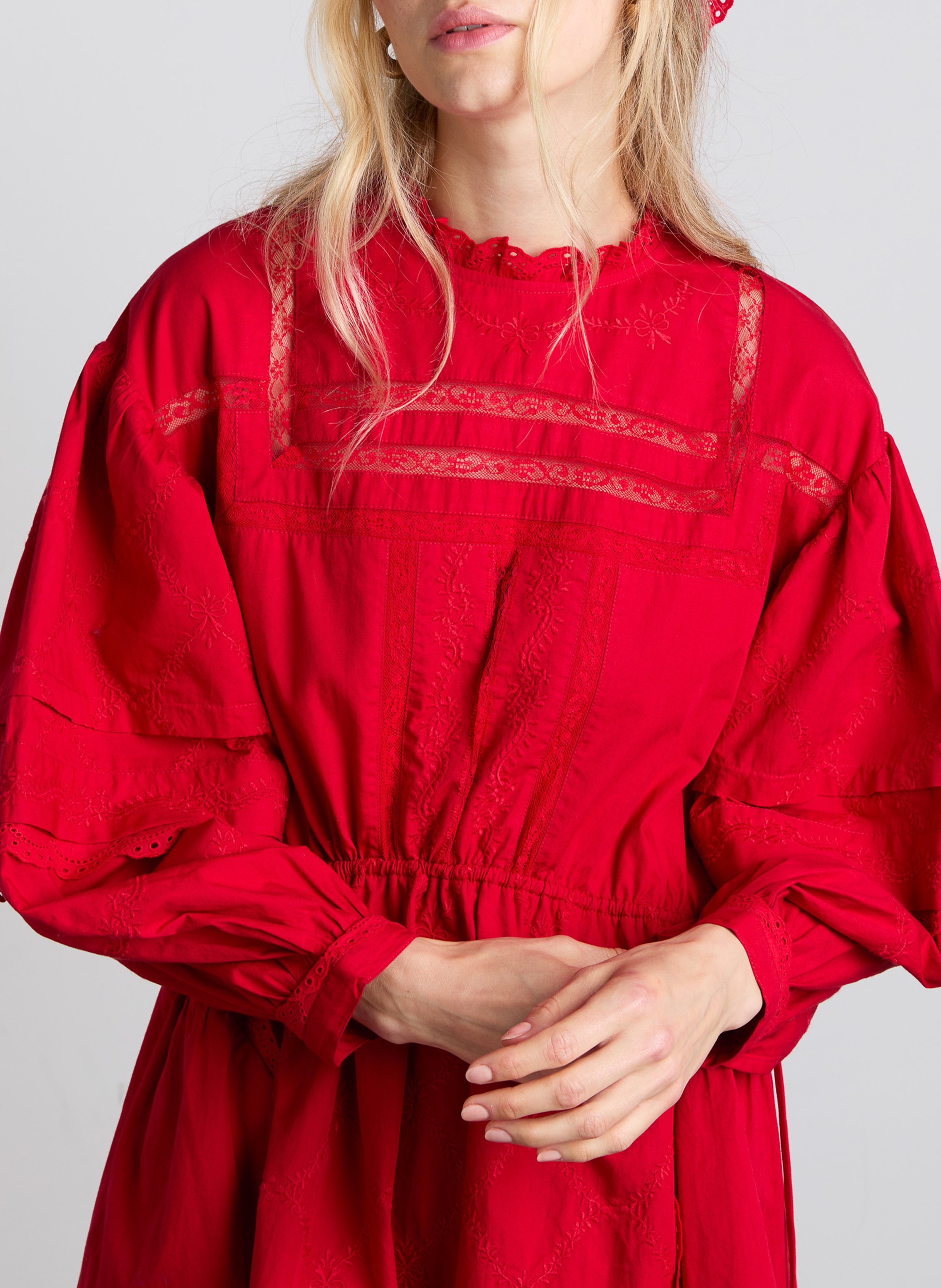 Short embroidered organic cotton dress DAMSON MADDER Red